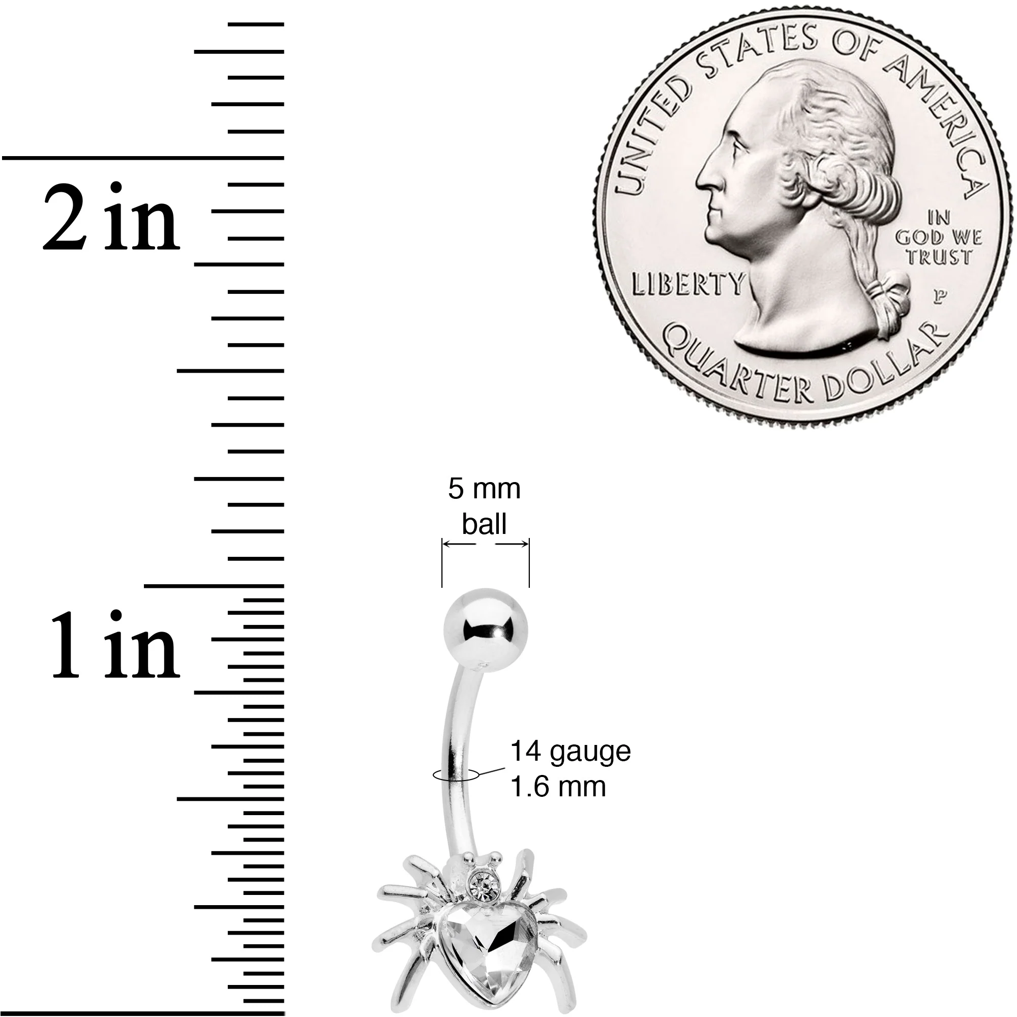 Clear Gem Halloween Heart Spider Belly Ring - Image 2