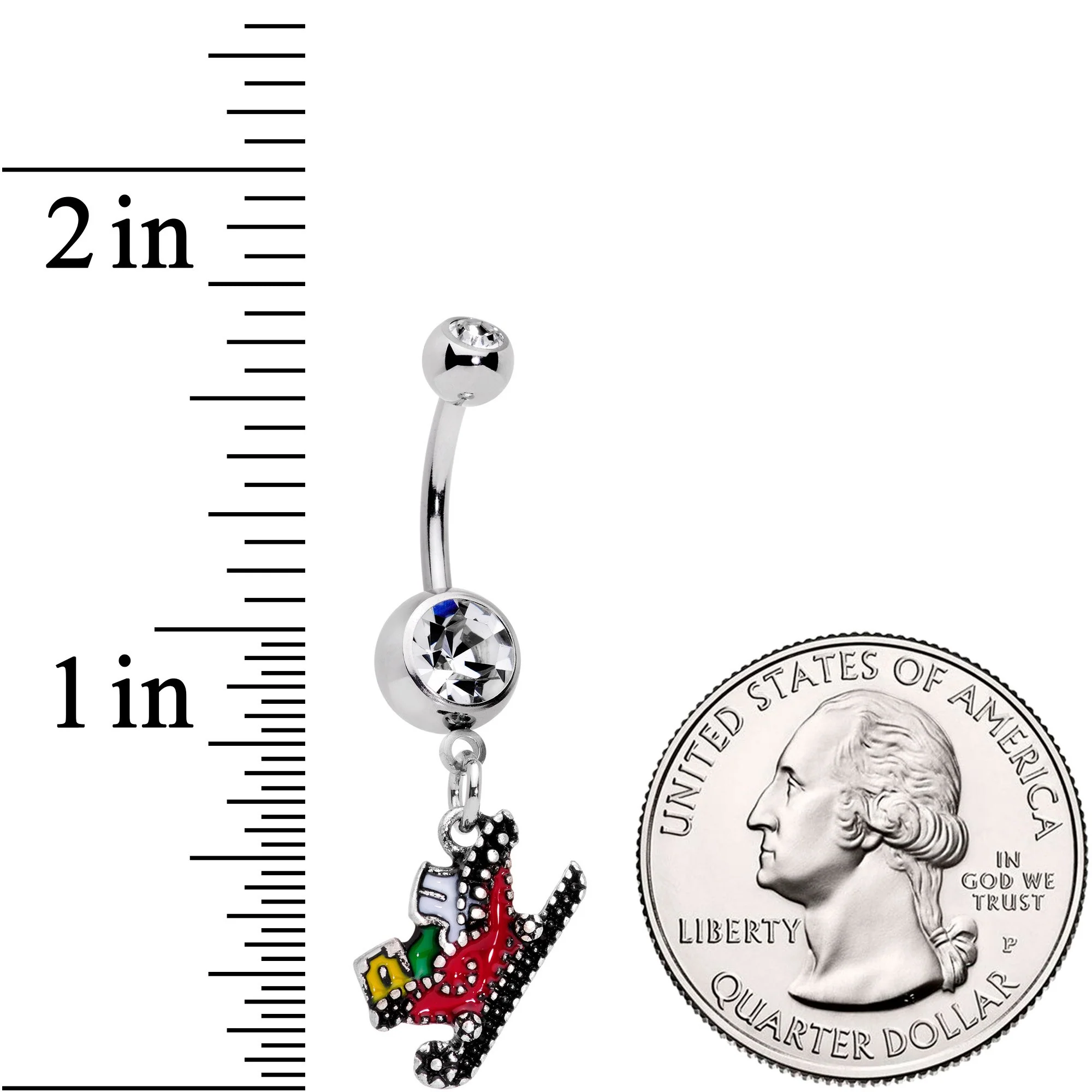 Clear Gem Happy Holidays Santas Sleigh Dangle Belly Ring - Image 2