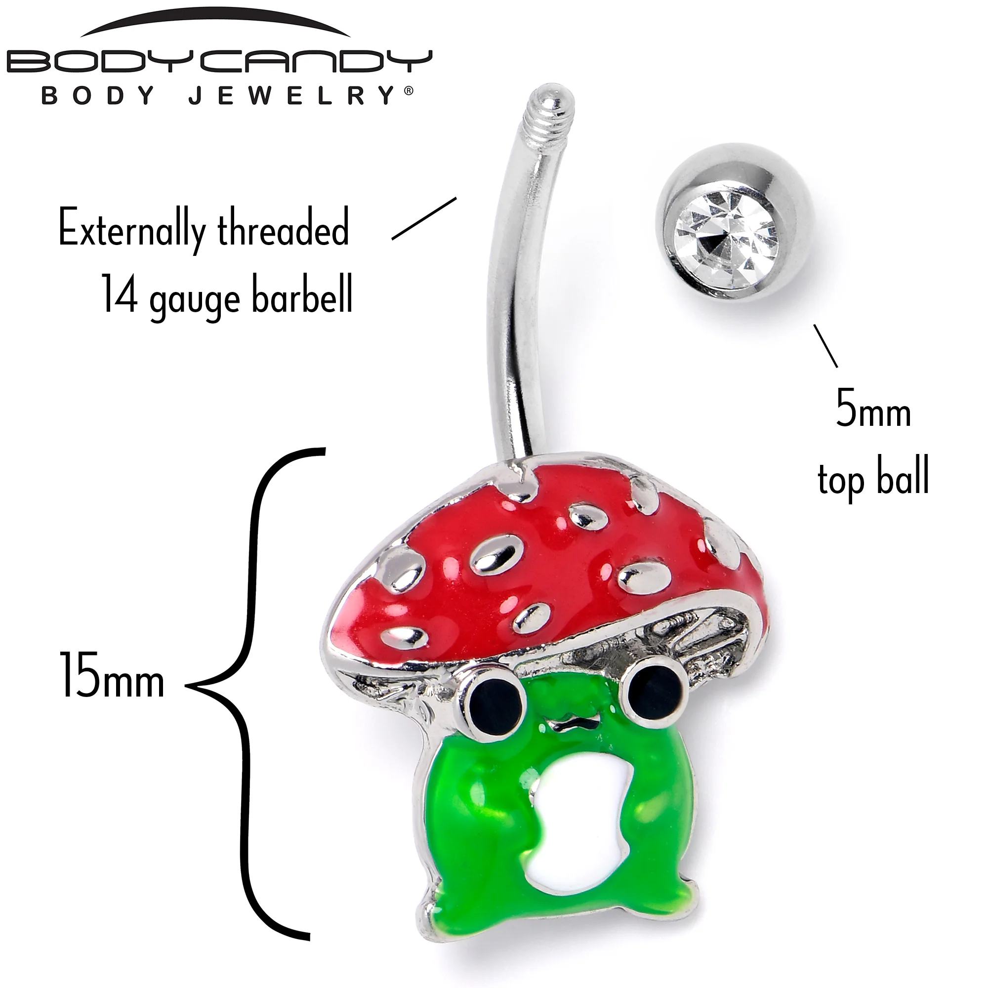 Clear Gem Happy Mushroom Red Green Belly Ring - Image 3