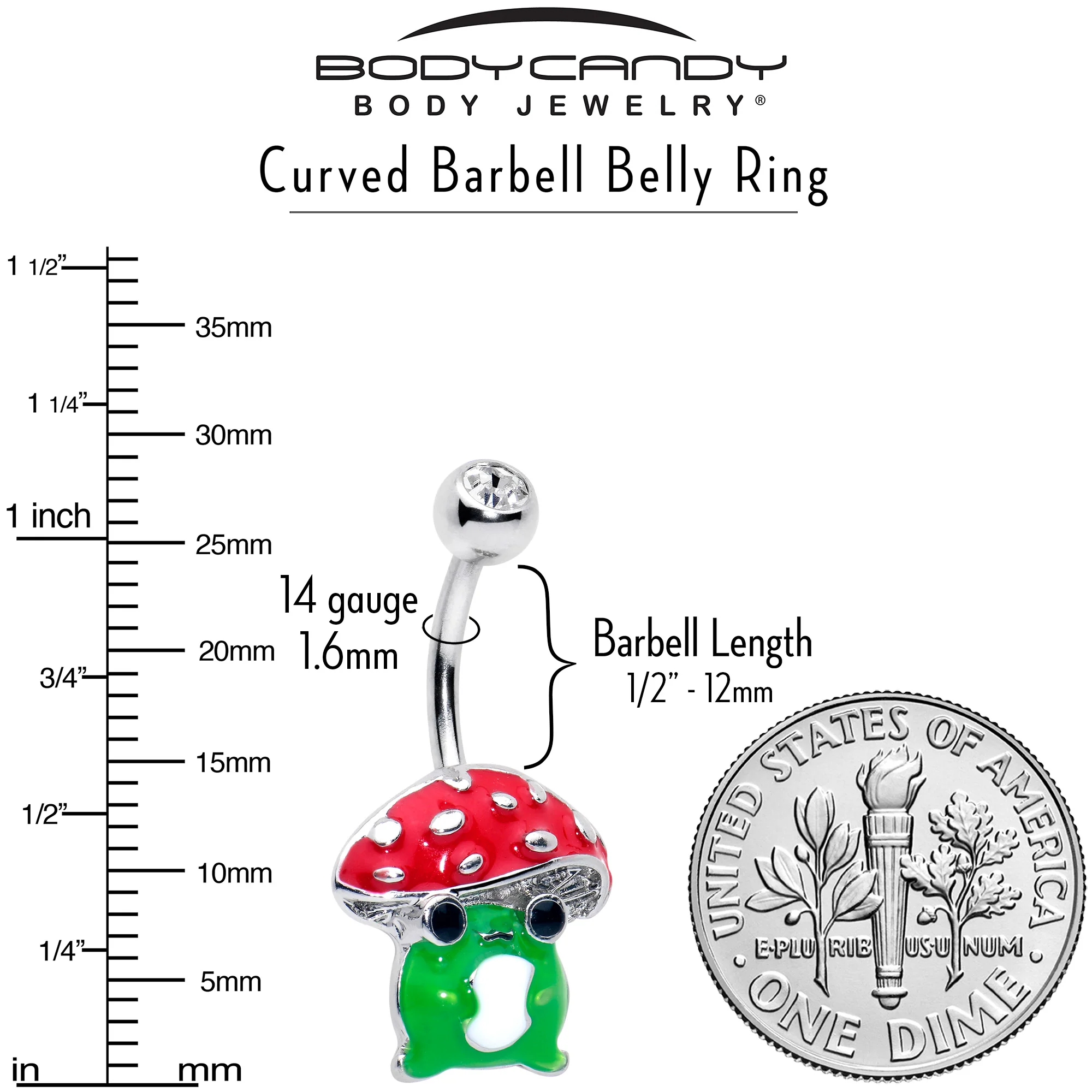 Clear Gem Happy Mushroom Red Green Belly Ring - Image 4
