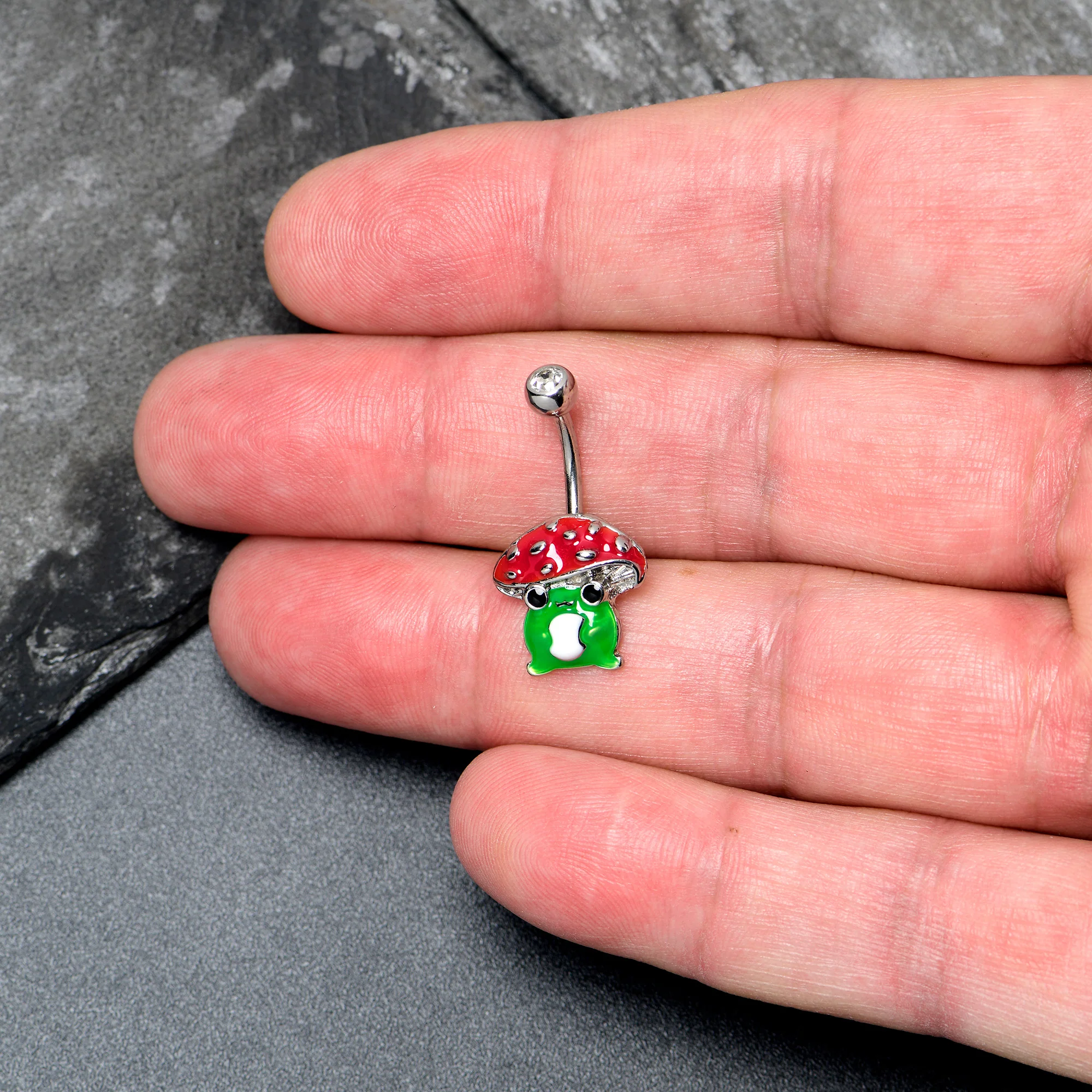 Clear Gem Happy Mushroom Red Green Belly Ring - Image 7