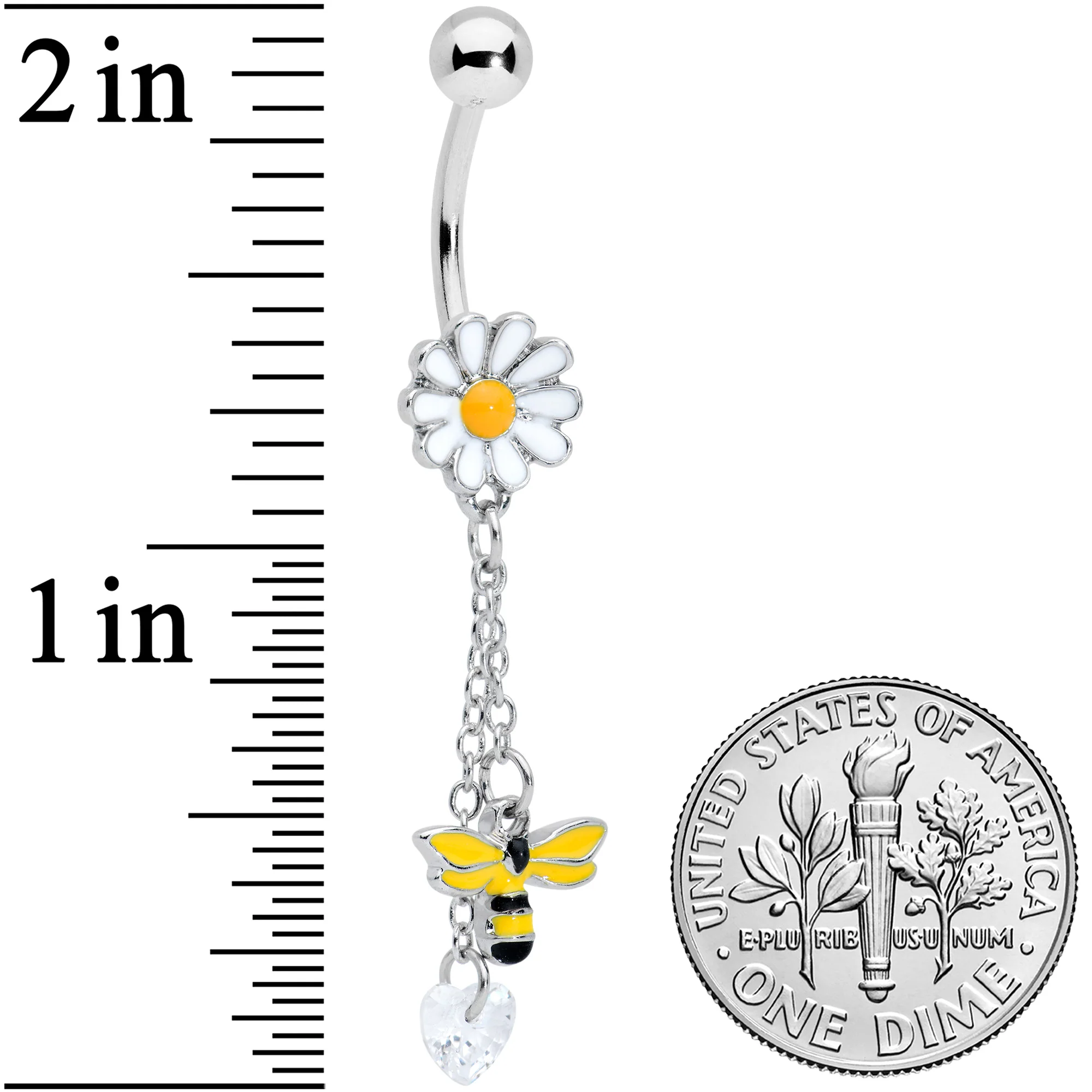 Clear Gem Heart Bee Daisy Flower Dangle Belly Ring - Image 2