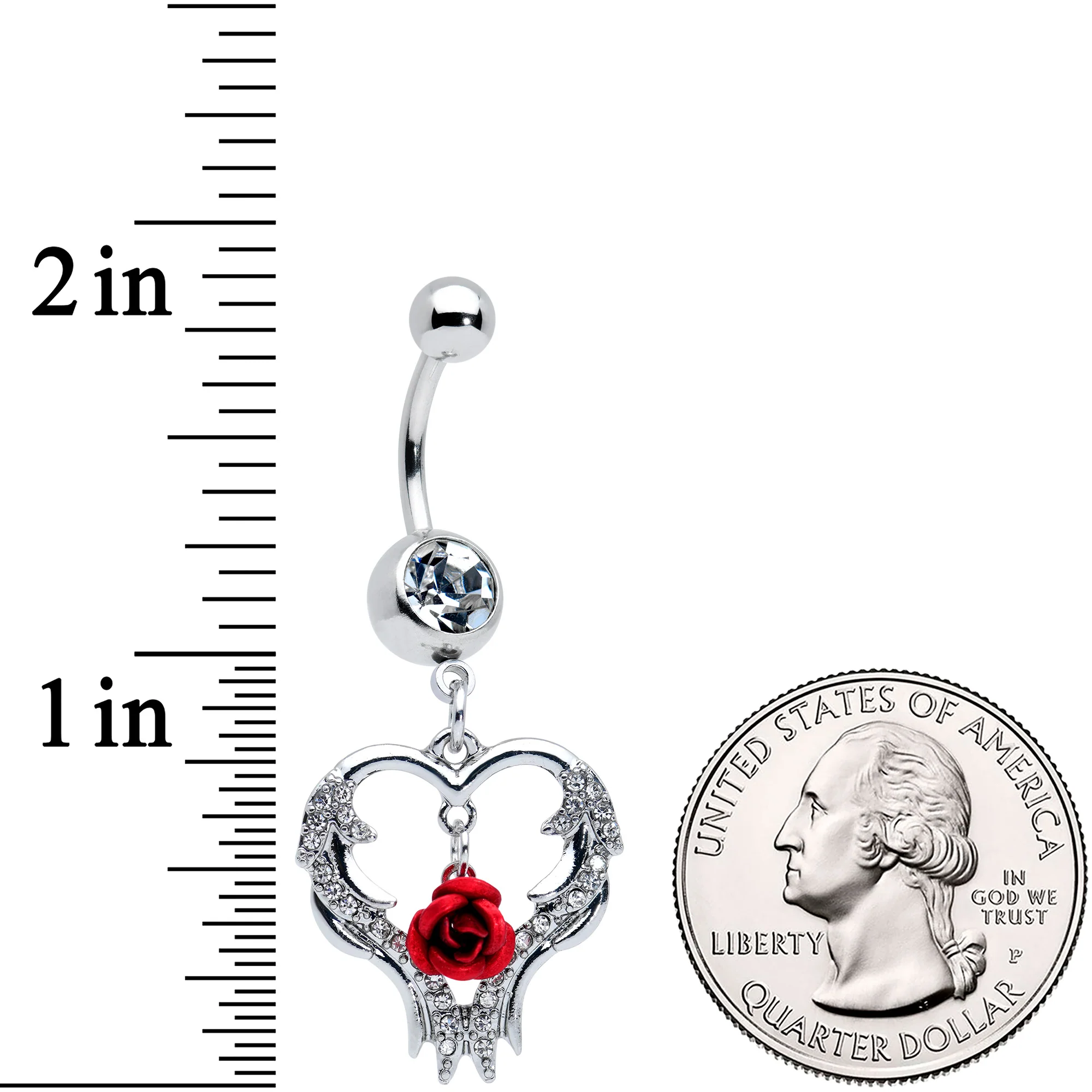 Clear Gem Heart Red Rose Valentines Day Dangle Belly Ring - Image 2
