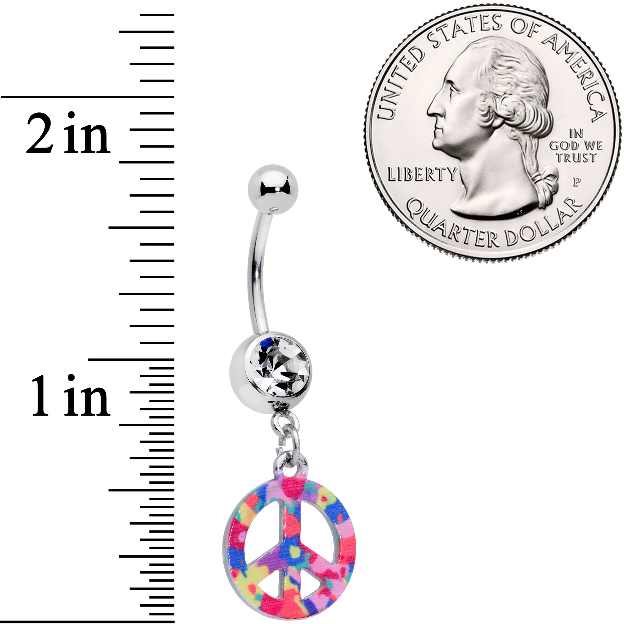 Clear Gem Hippie Rainbow Peace Sign Dangle Belly Ring - Image 2