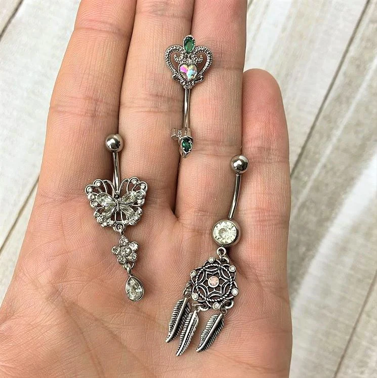 Clear Gem Lacy Butterfly Flower Drop Dangle Belly Ring - Image 2