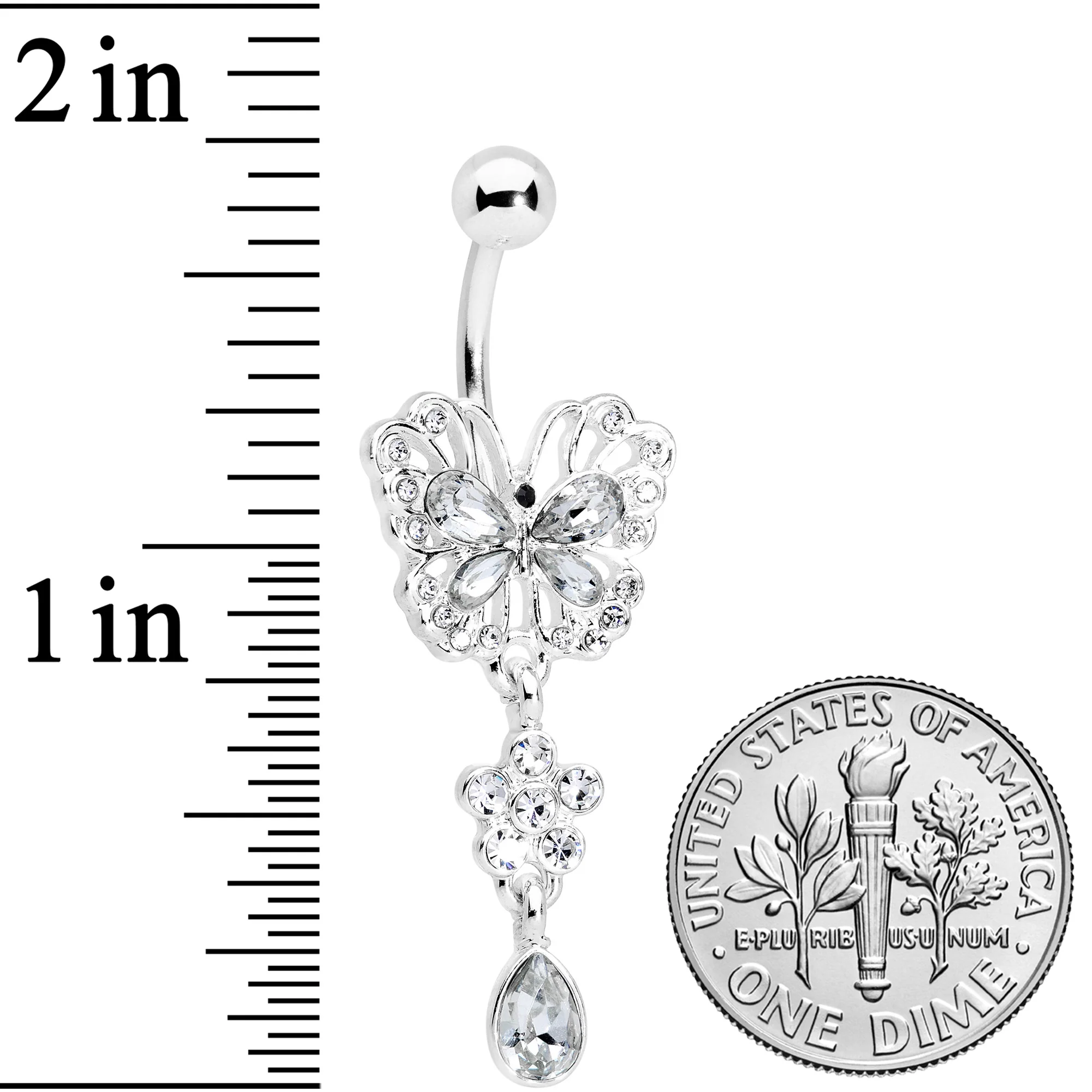 Clear Gem Lacy Butterfly Flower Drop Dangle Belly Ring - Image 3