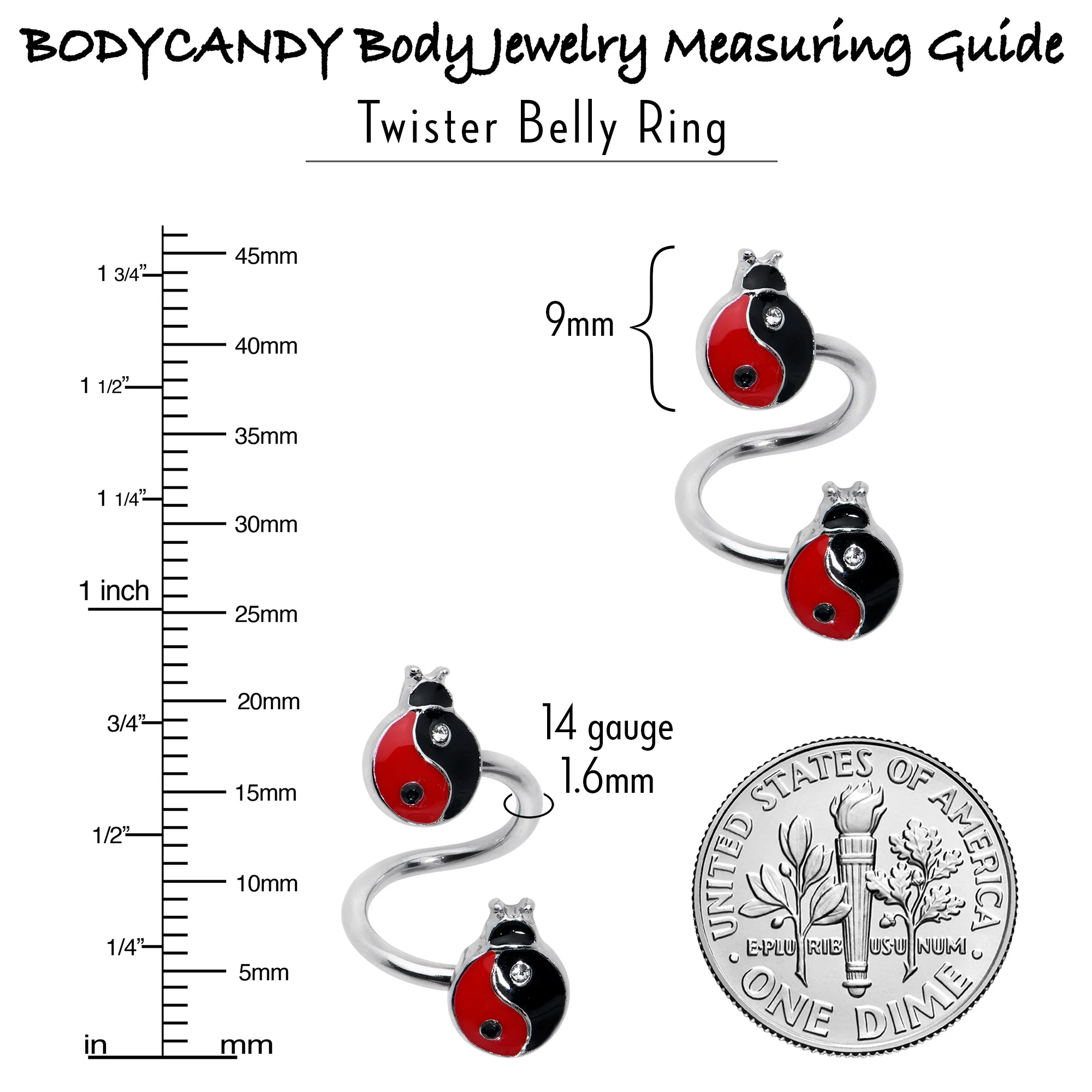 Clear Gem Ladybug Yin Yang Spiral Twister Belly Ring - Image 4