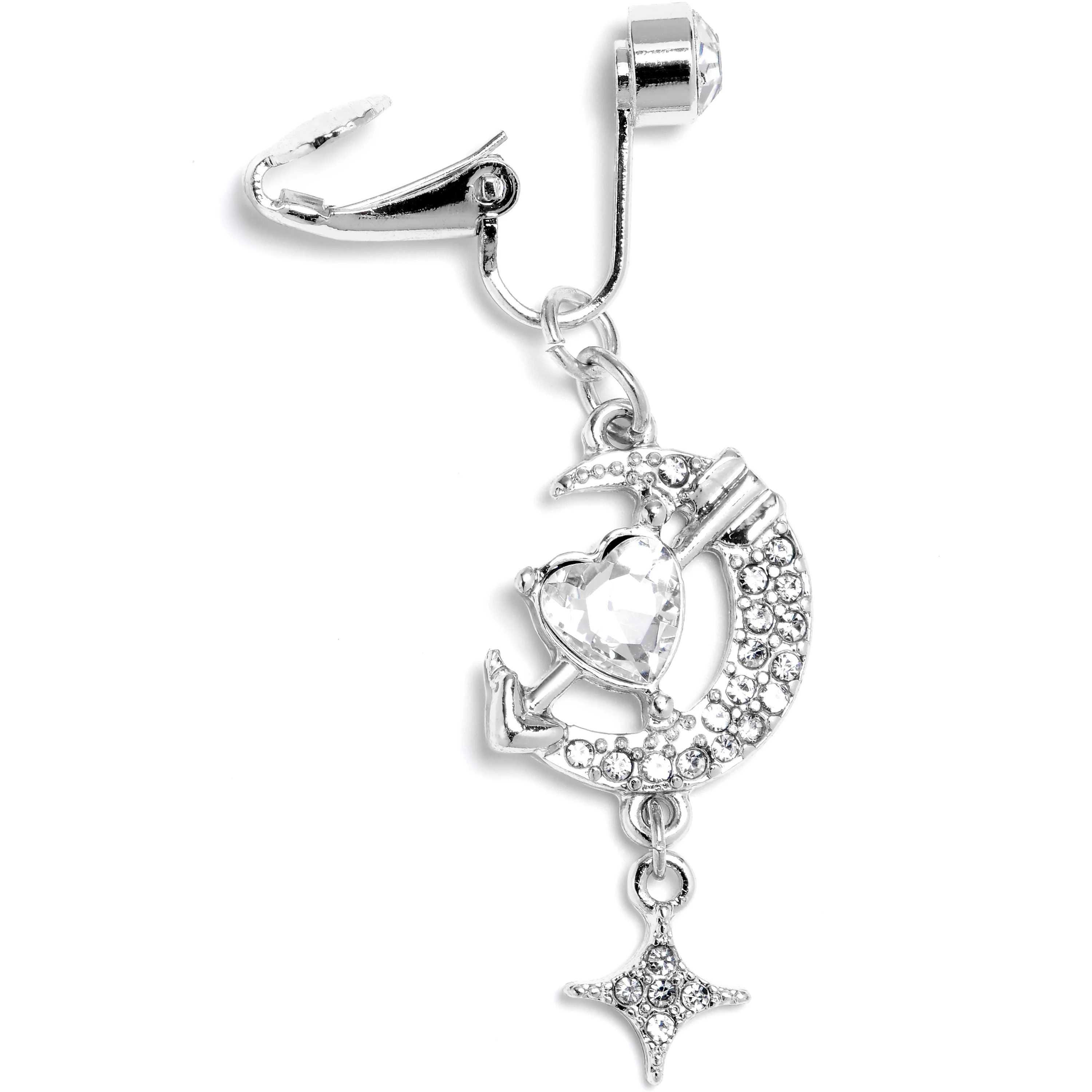 Clear Gem Moon Lover Dangle Clip On Fake Belly Ring - Image 2
