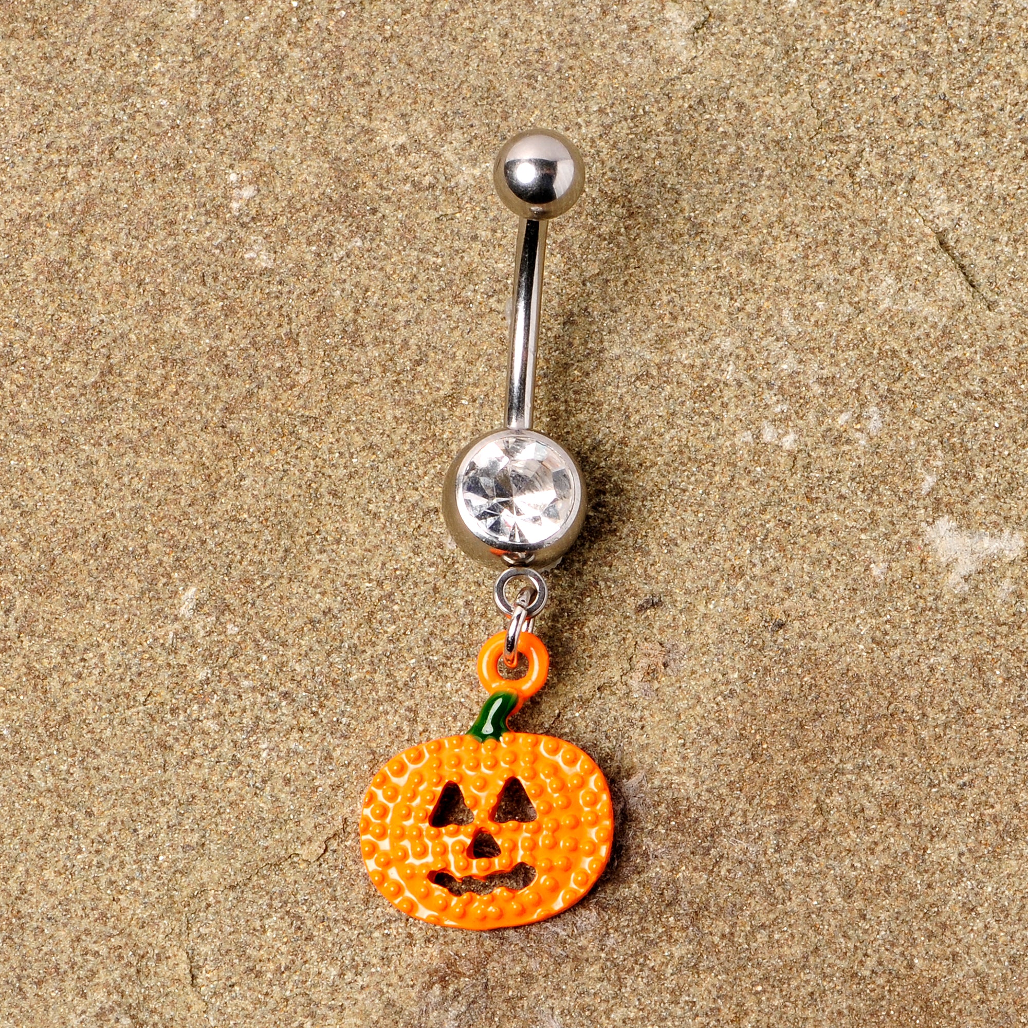 Clear Gem Orange Pumpkin Jack O Lantern Halloween Dangle Belly Ring - Image 5