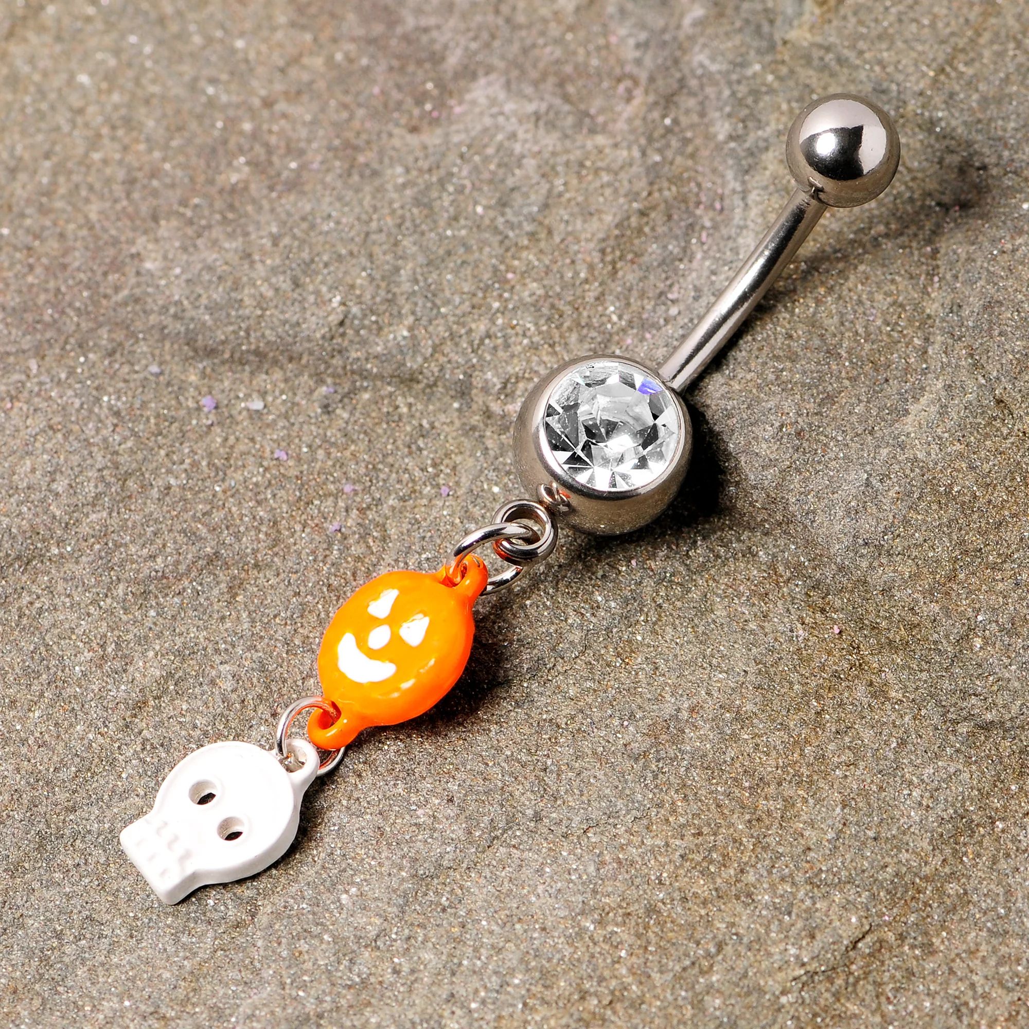 Clear Gem Orange Pumpkin Skull Halloween Dangle Belly Ring - Image 2