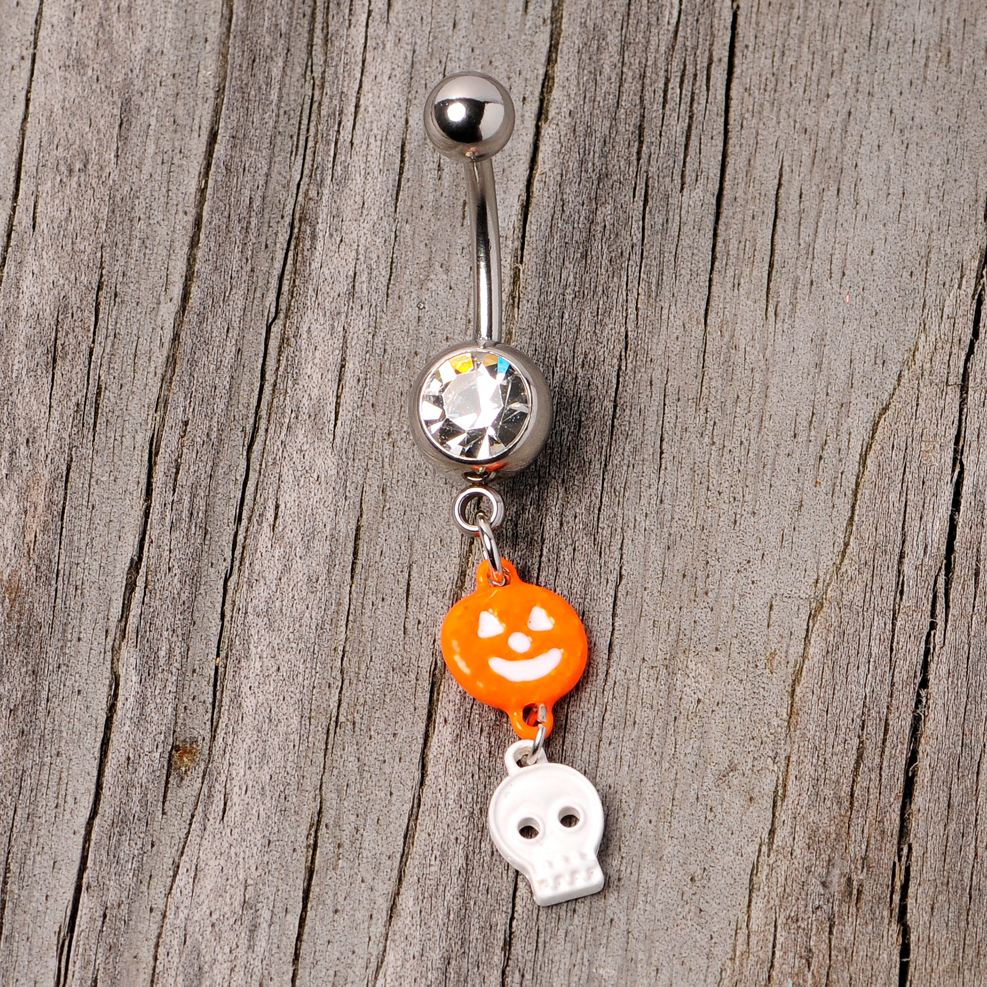 Clear Gem Orange Pumpkin Skull Halloween Dangle Belly Ring - Image 3
