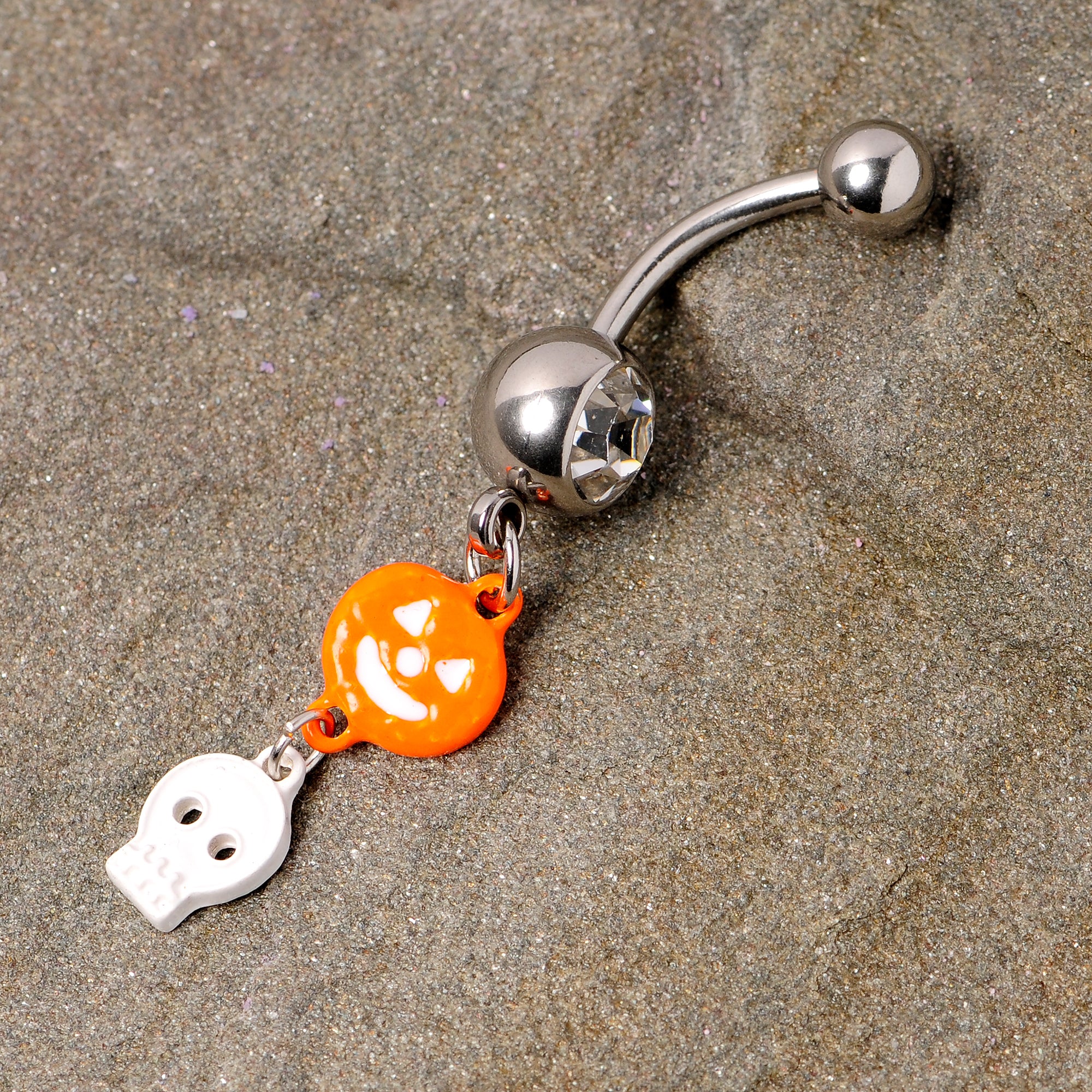 Clear Gem Orange Pumpkin Skull Halloween Dangle Belly Ring - Image 4