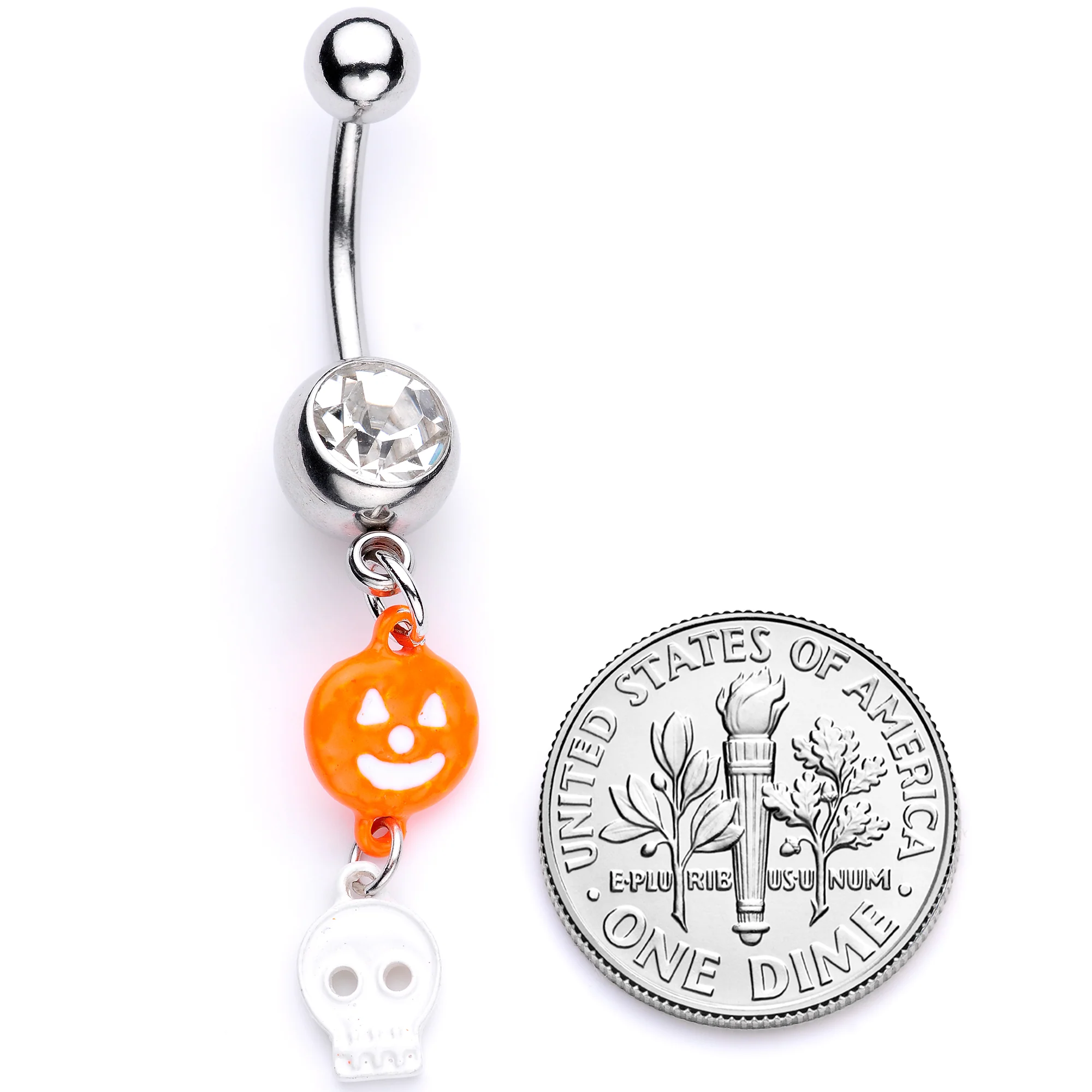 Clear Gem Orange Pumpkin Skull Halloween Dangle Belly Ring - Image 5