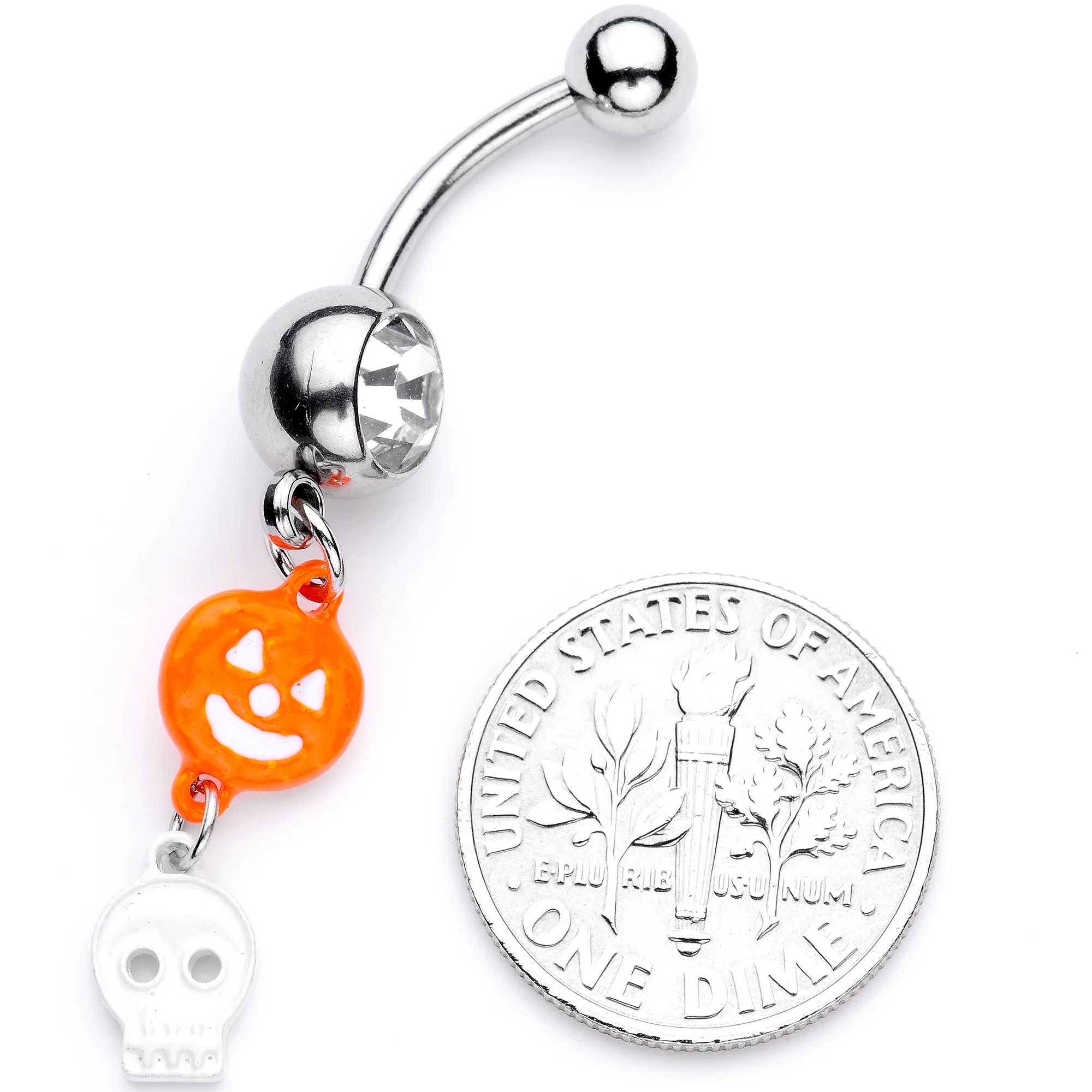 Clear Gem Orange Pumpkin Skull Halloween Dangle Belly Ring - Image 6