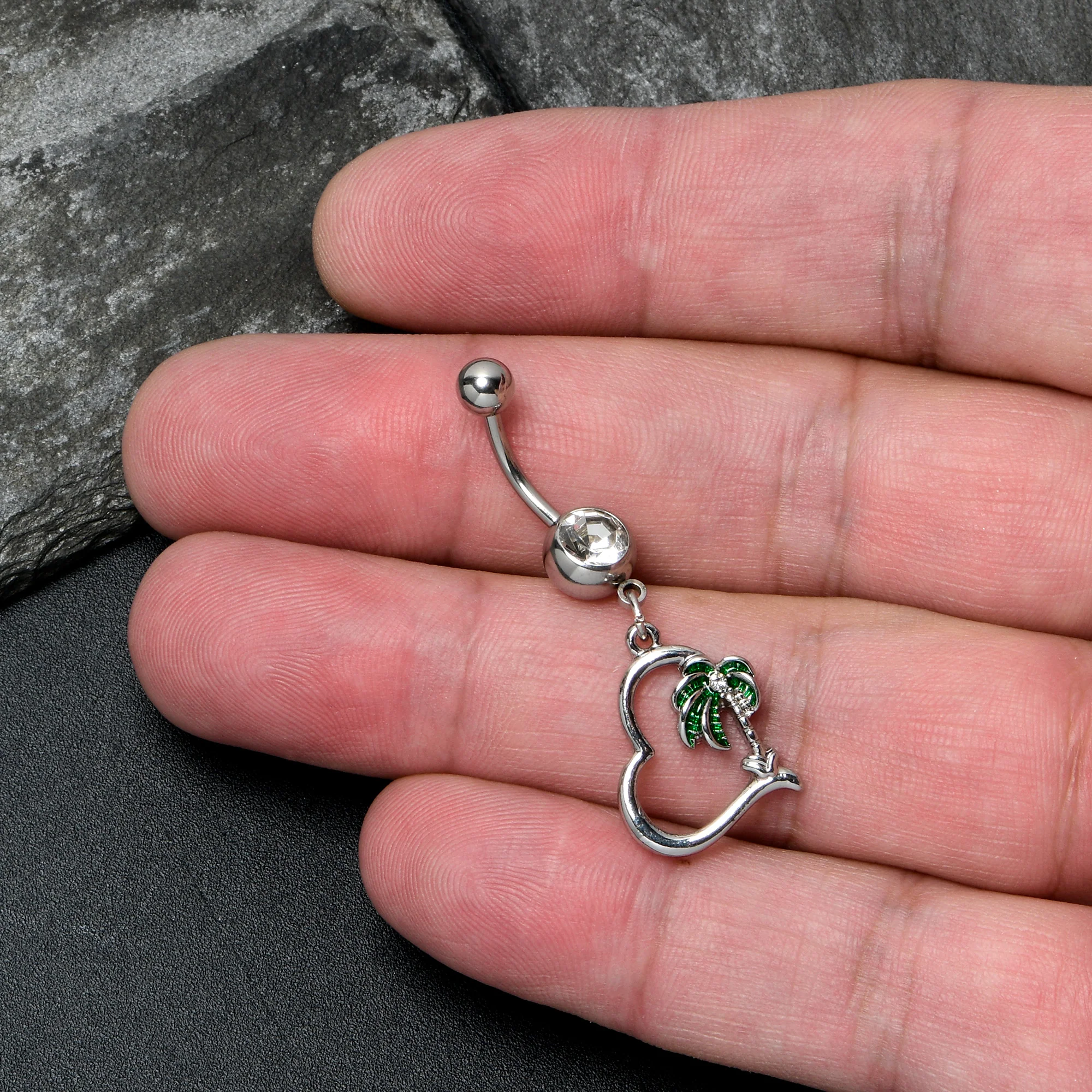 Clear Gem Palm Tree Love Heart Dangle Belly Ring - Image 2