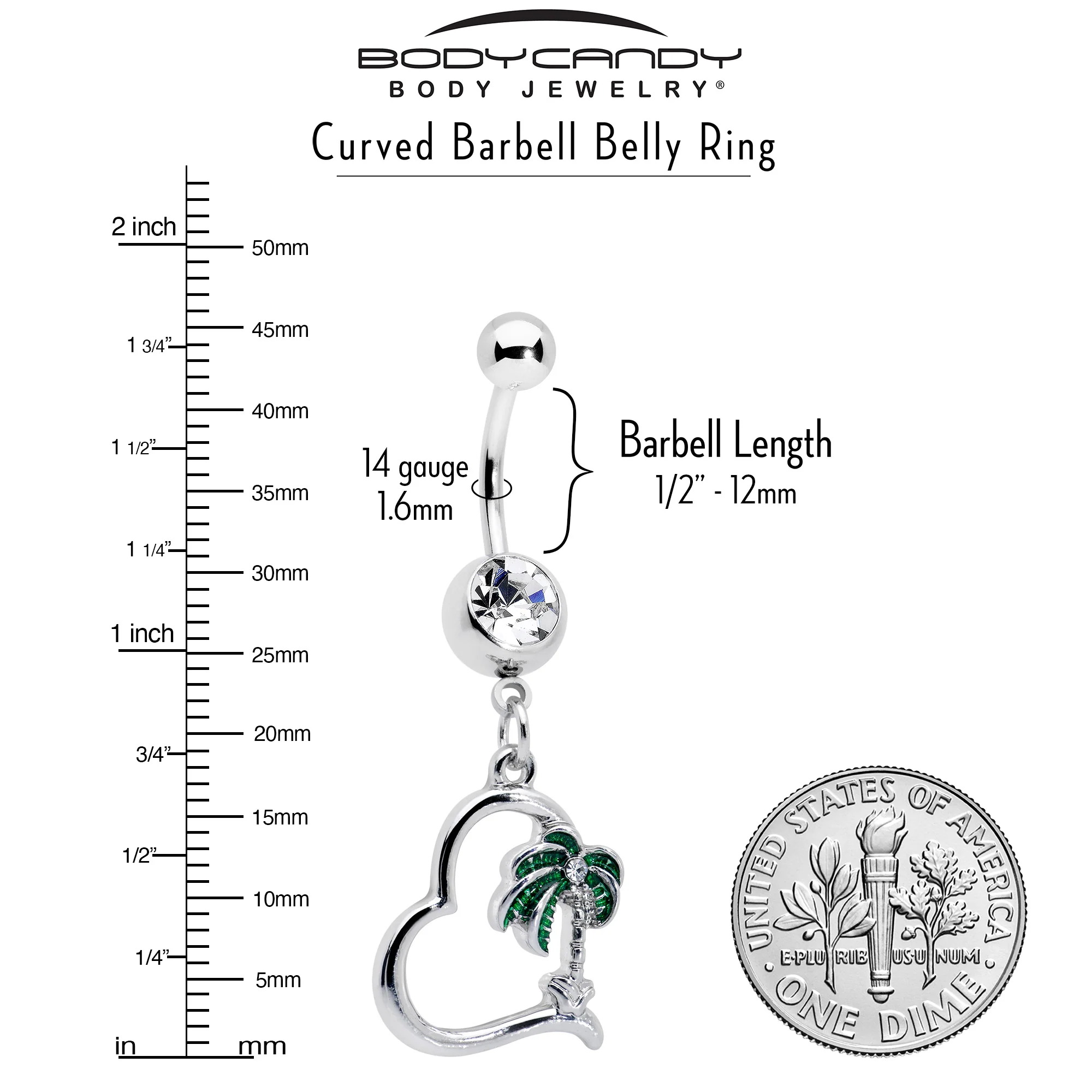 Clear Gem Palm Tree Love Heart Dangle Belly Ring - Image 3