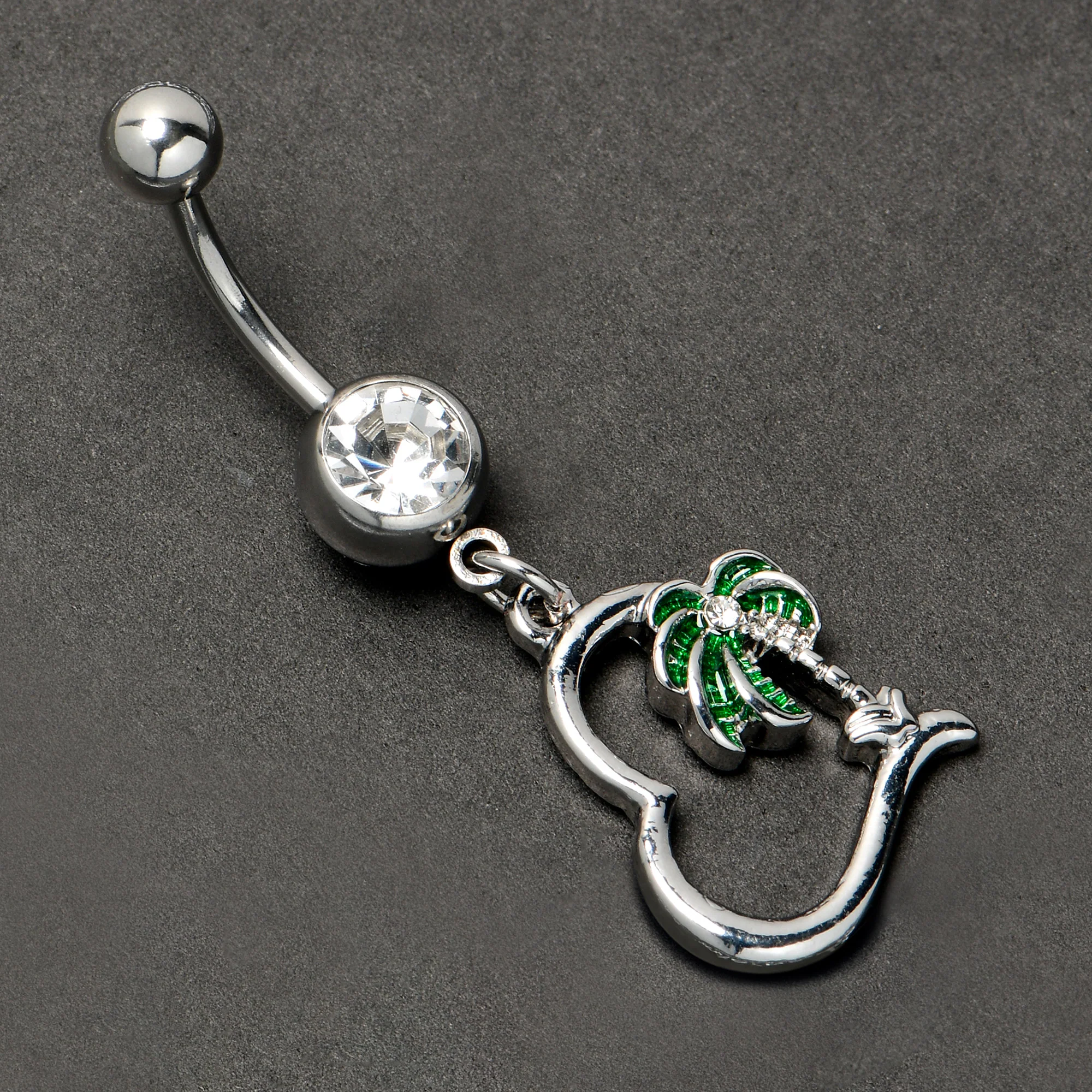 Clear Gem Palm Tree Love Heart Dangle Belly Ring - Image 4