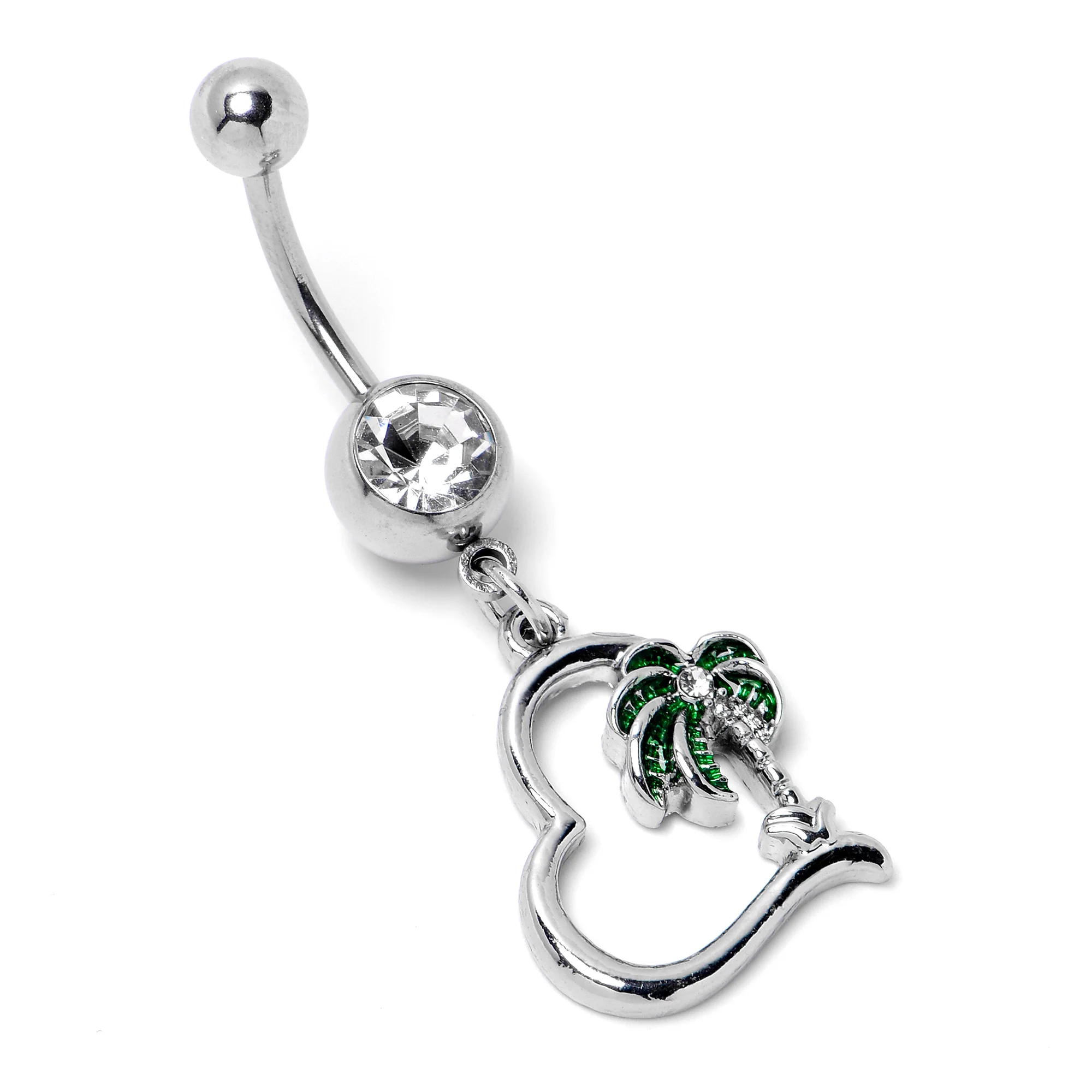 Clear Gem Palm Tree Love Heart Dangle Belly Ring - Image 5