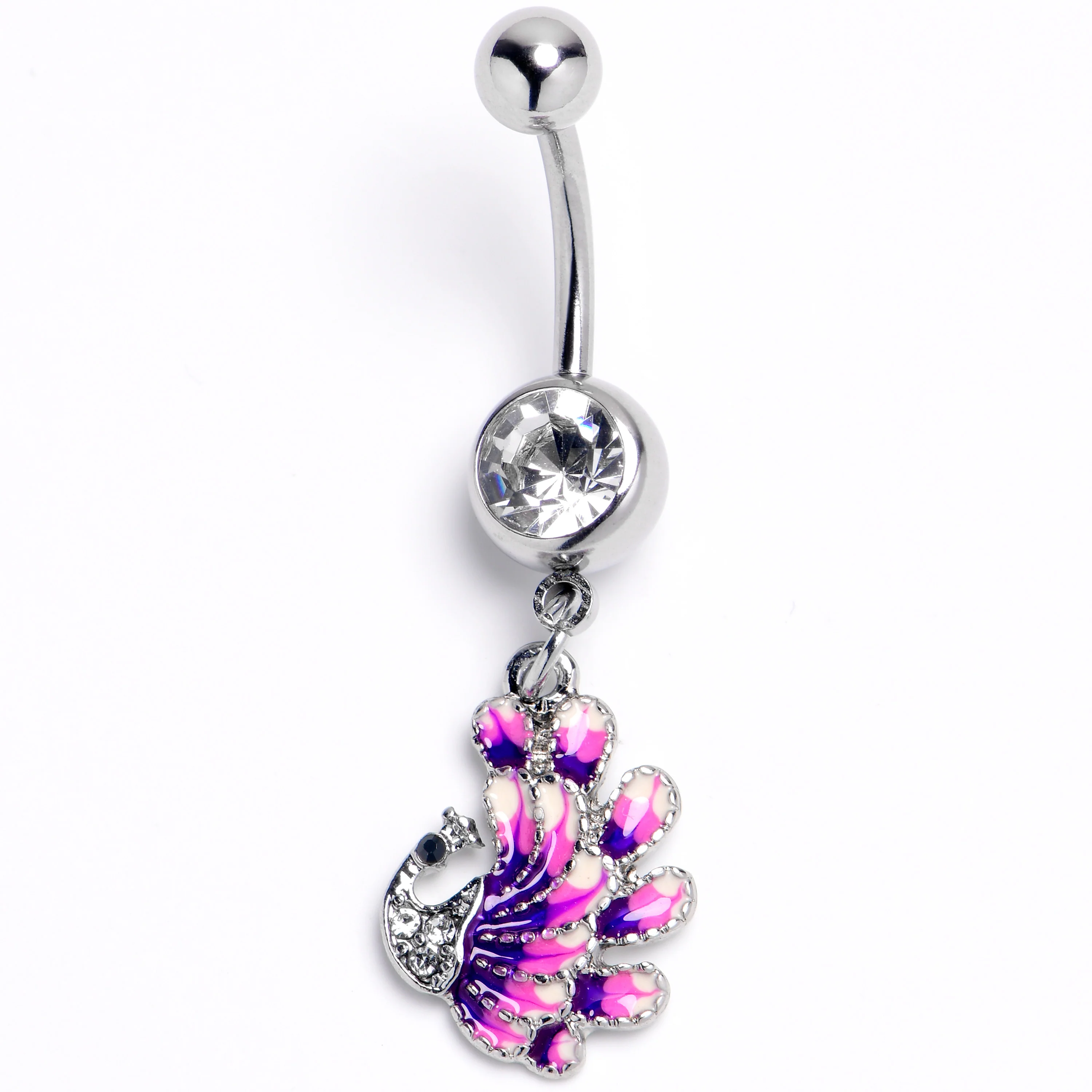 Clear Gem Peacock Purple Dangle Belly Ring