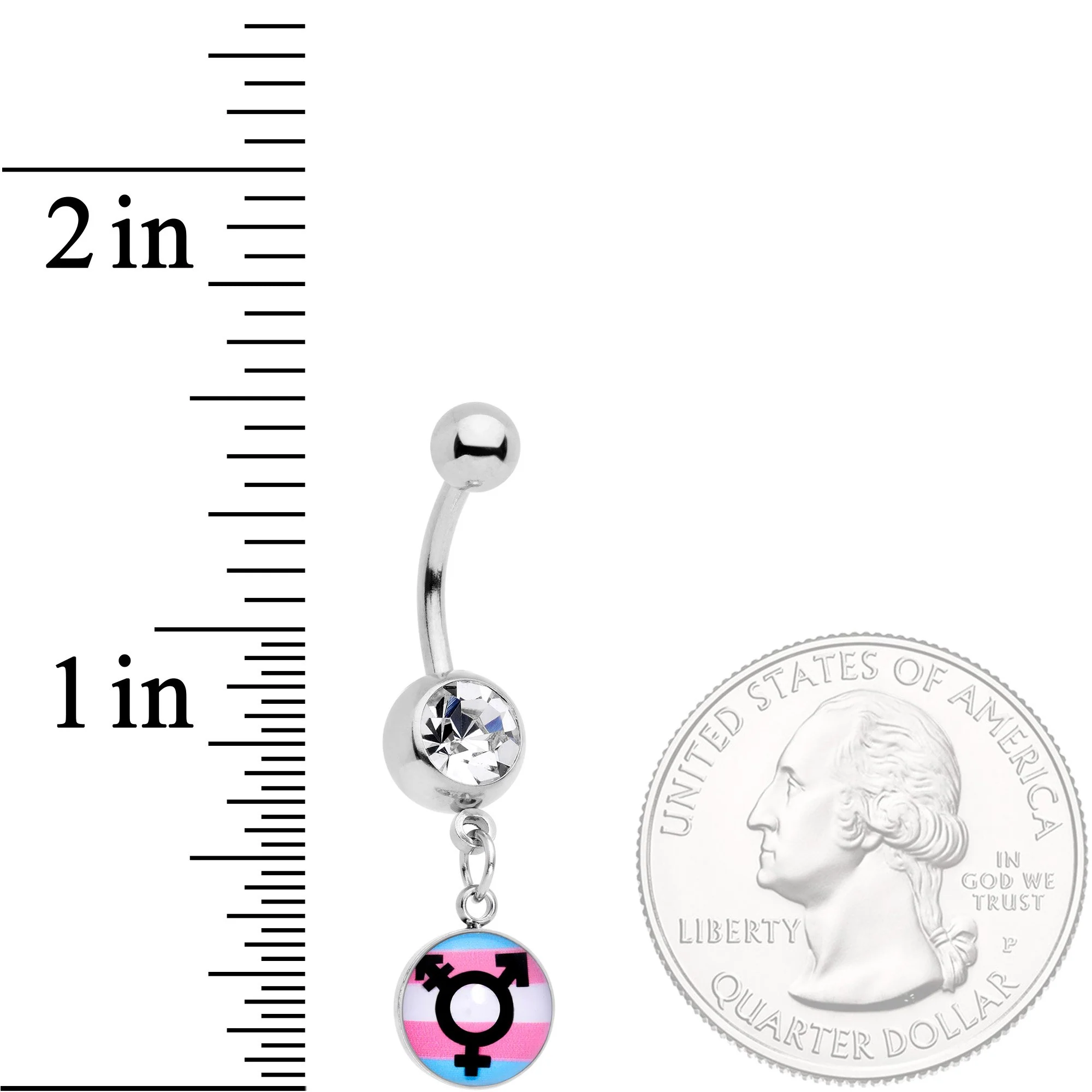 Clear Gem Pink Blue White Transgender Pride Logo Dangle Belly Ring - Image 2