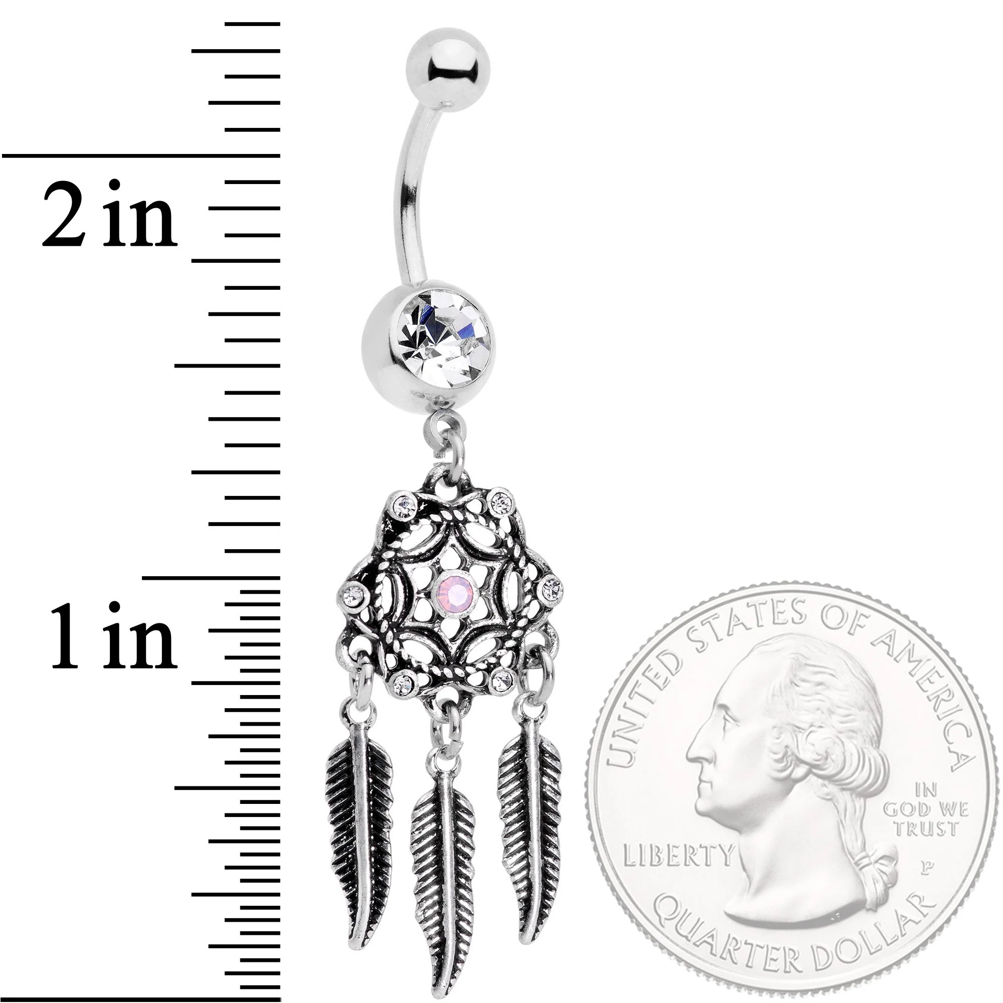 Clear Gem Pink Faux Opal Feather Dreamcatcher Dangle Belly Ring - Image 3