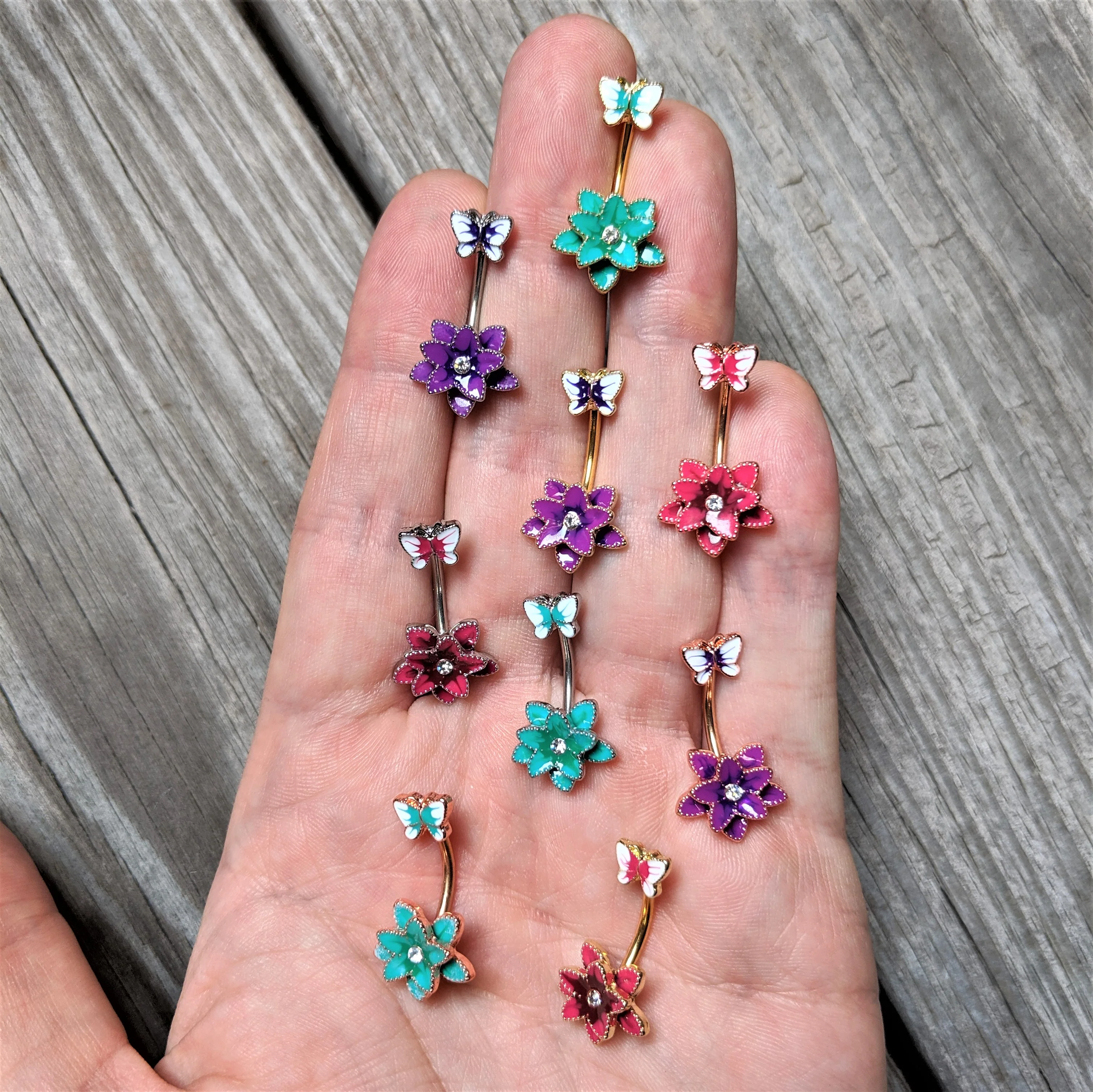 Clear Gem Pink Flower Butterfly Double Mount Belly Ring - Image 2