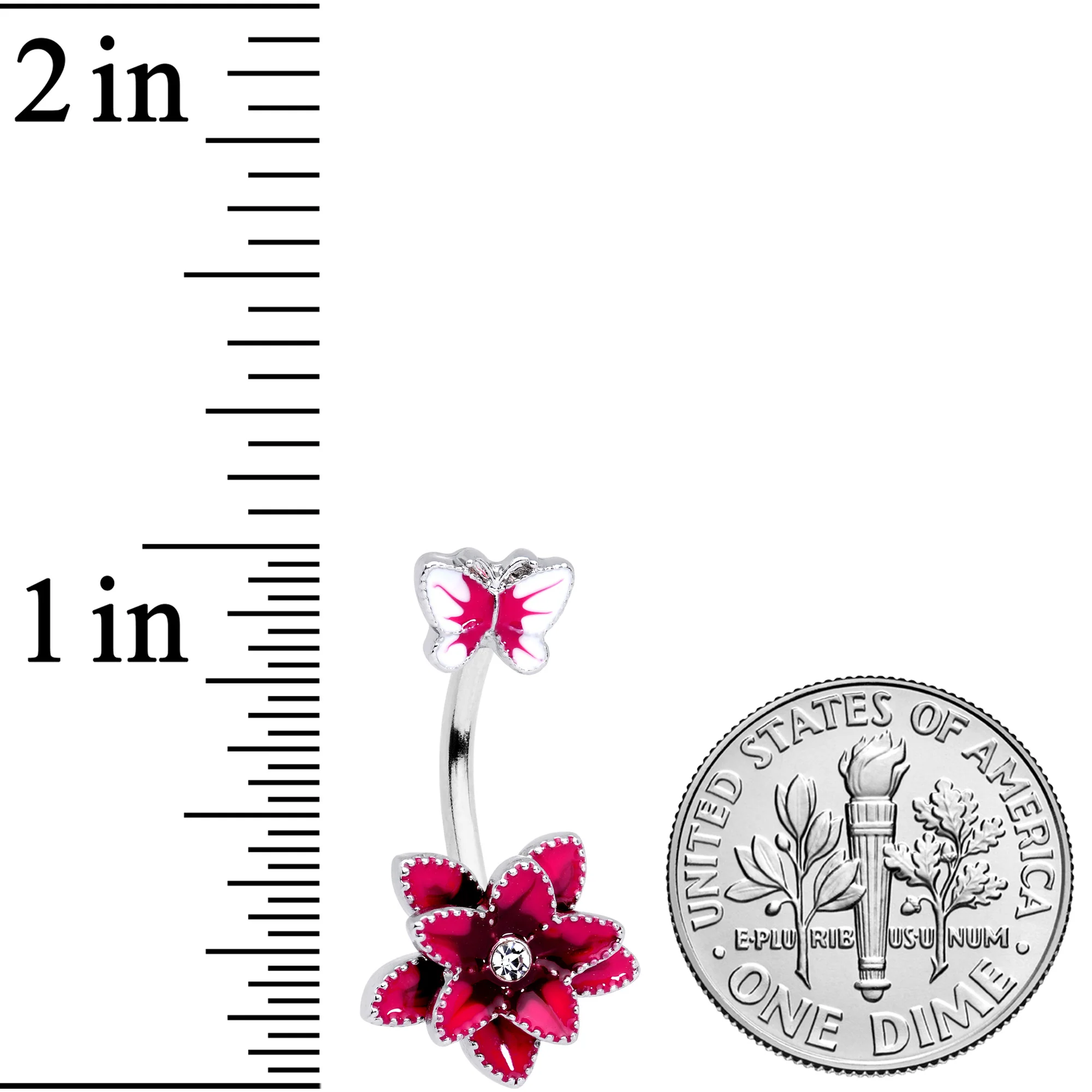Clear Gem Pink Flower Butterfly Double Mount Belly Ring - Image 3