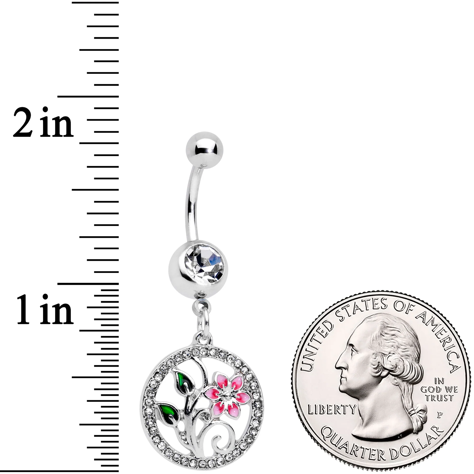 Clear Gem Pink Flower Circle Dangle Belly Ring - Image 2
