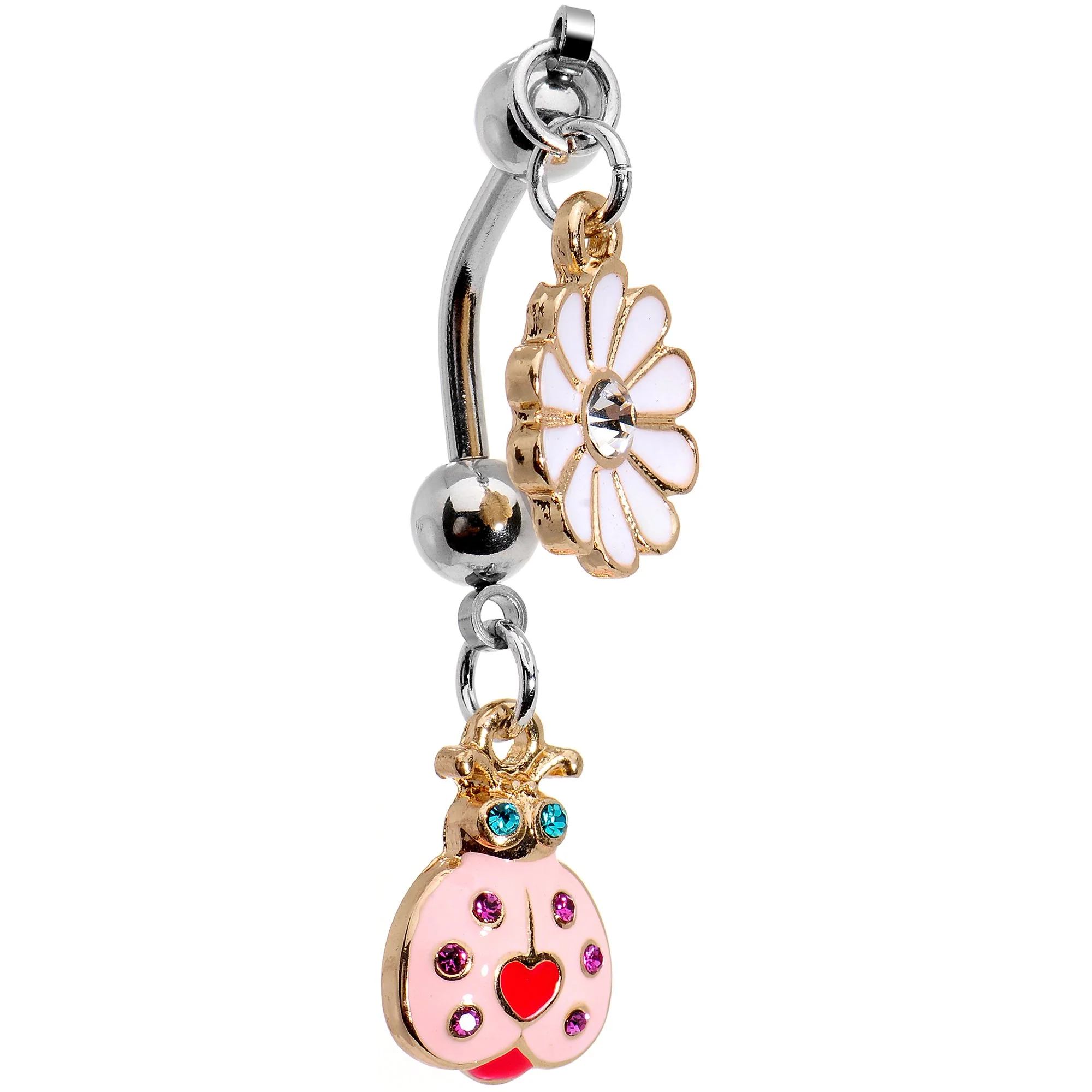 Clear Gem Pink Lovely Lady Bug Flower Double Mount Dangle Belly Ring - Image 2