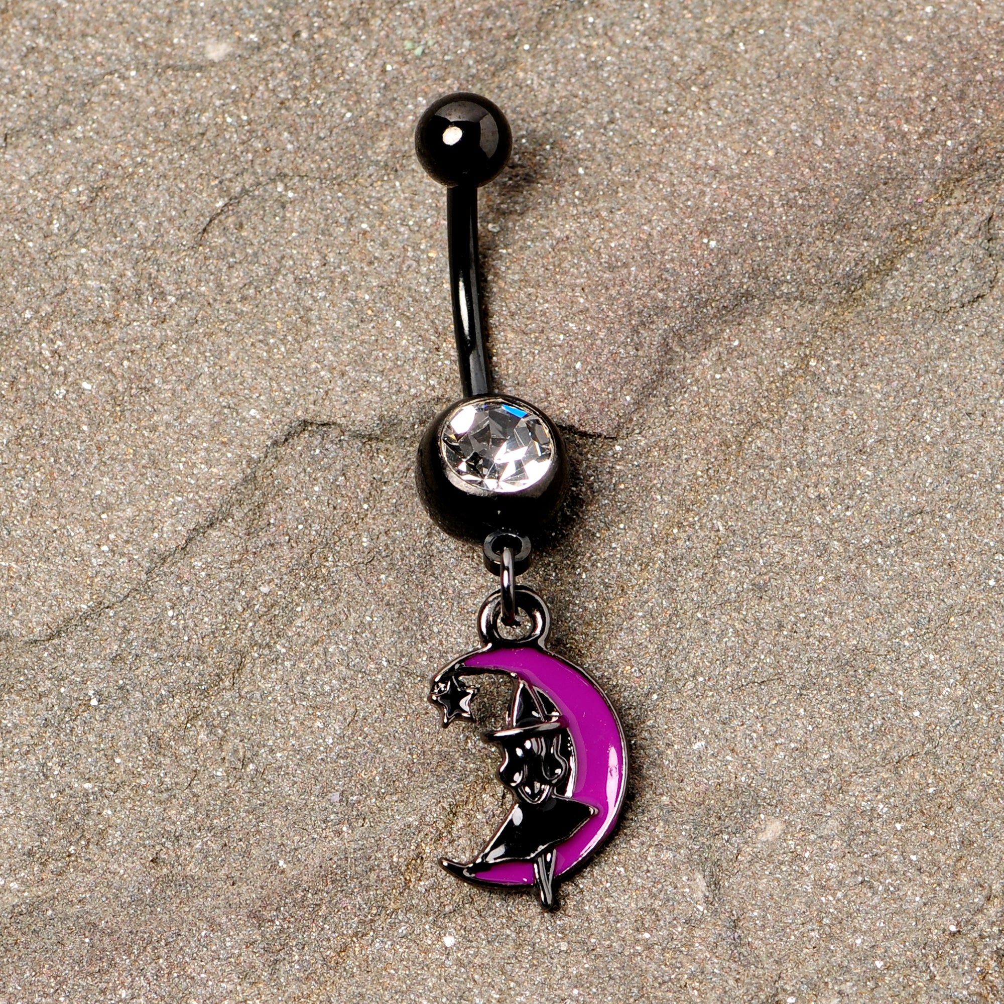 Pink Moon Black Witch Halloween Dangle Belly Ring - Image 2