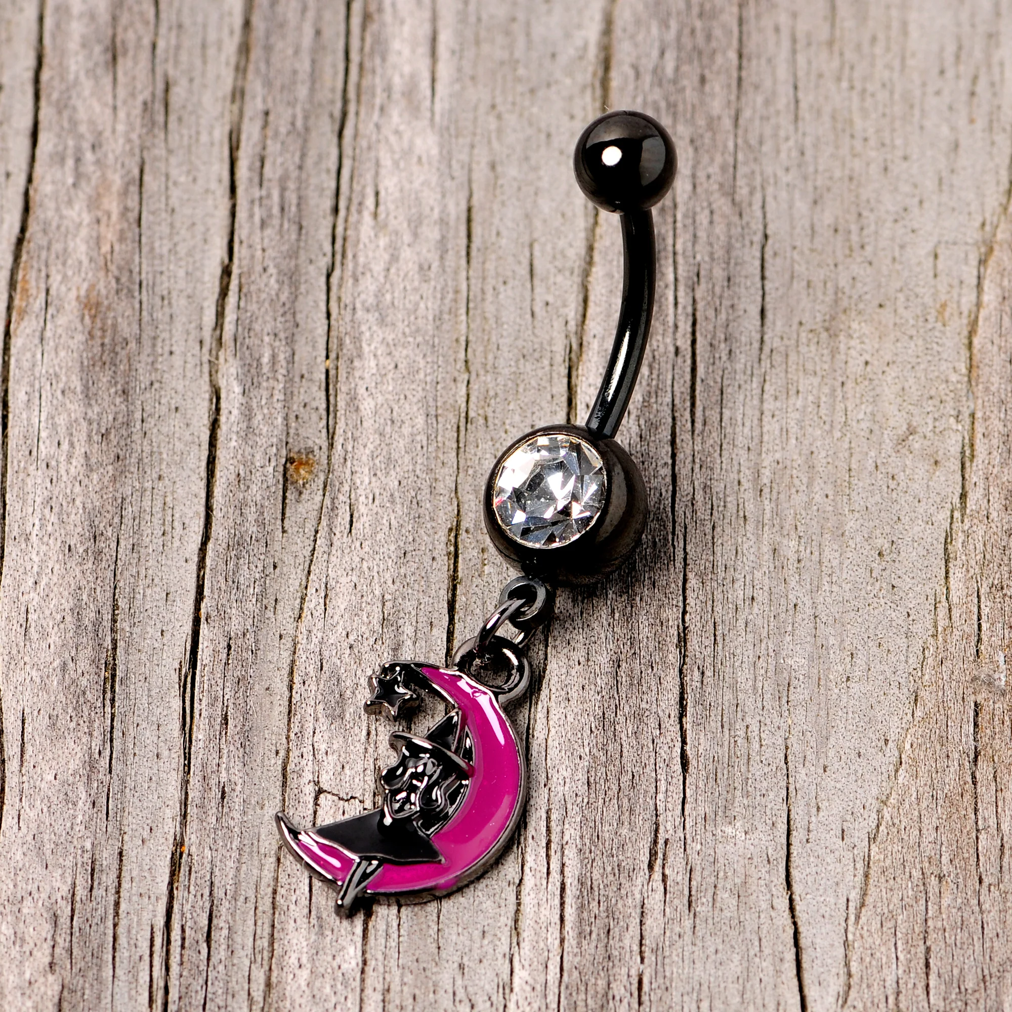 Pink Moon Black Witch Halloween Dangle Belly Ring - Image 3