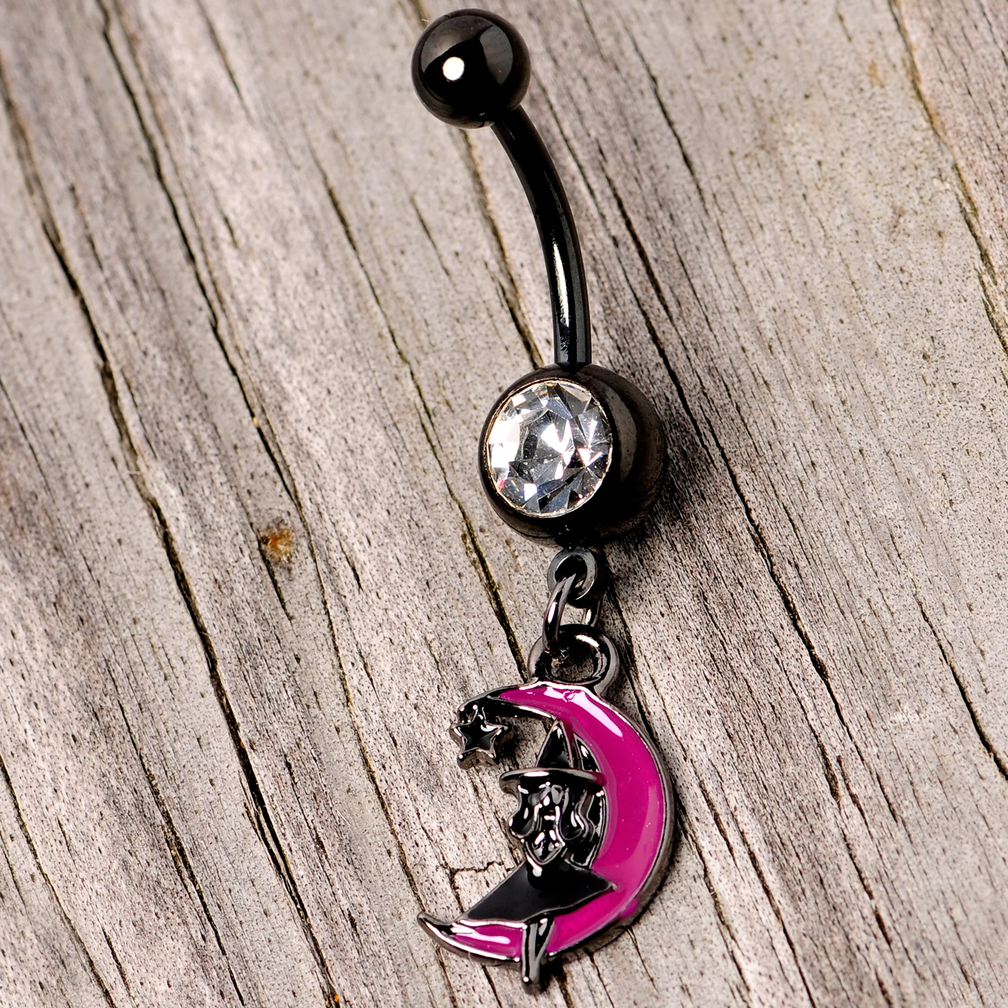 Pink Moon Black Witch Halloween Dangle Belly Ring - Image 4