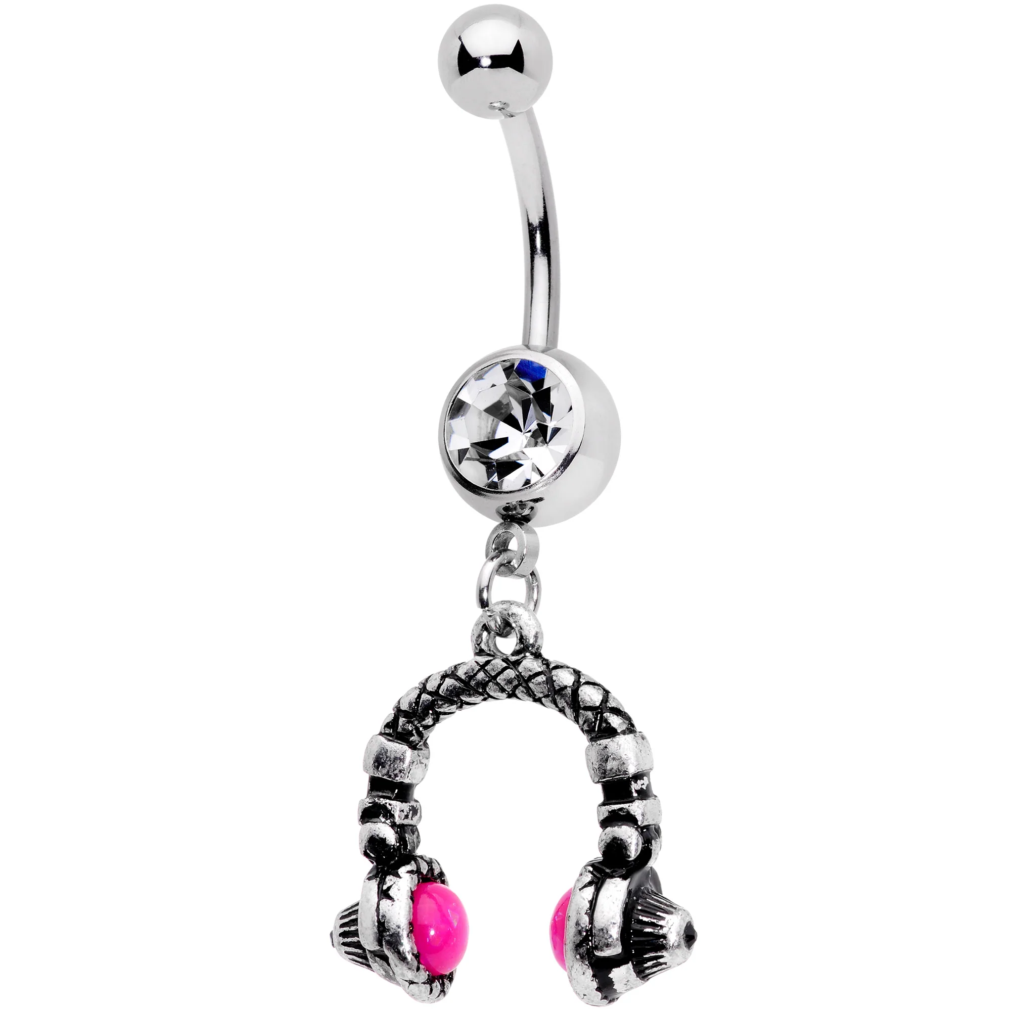 Clear Gem Pink Orb Music Headphones Dangle Belly Ring - Image 2