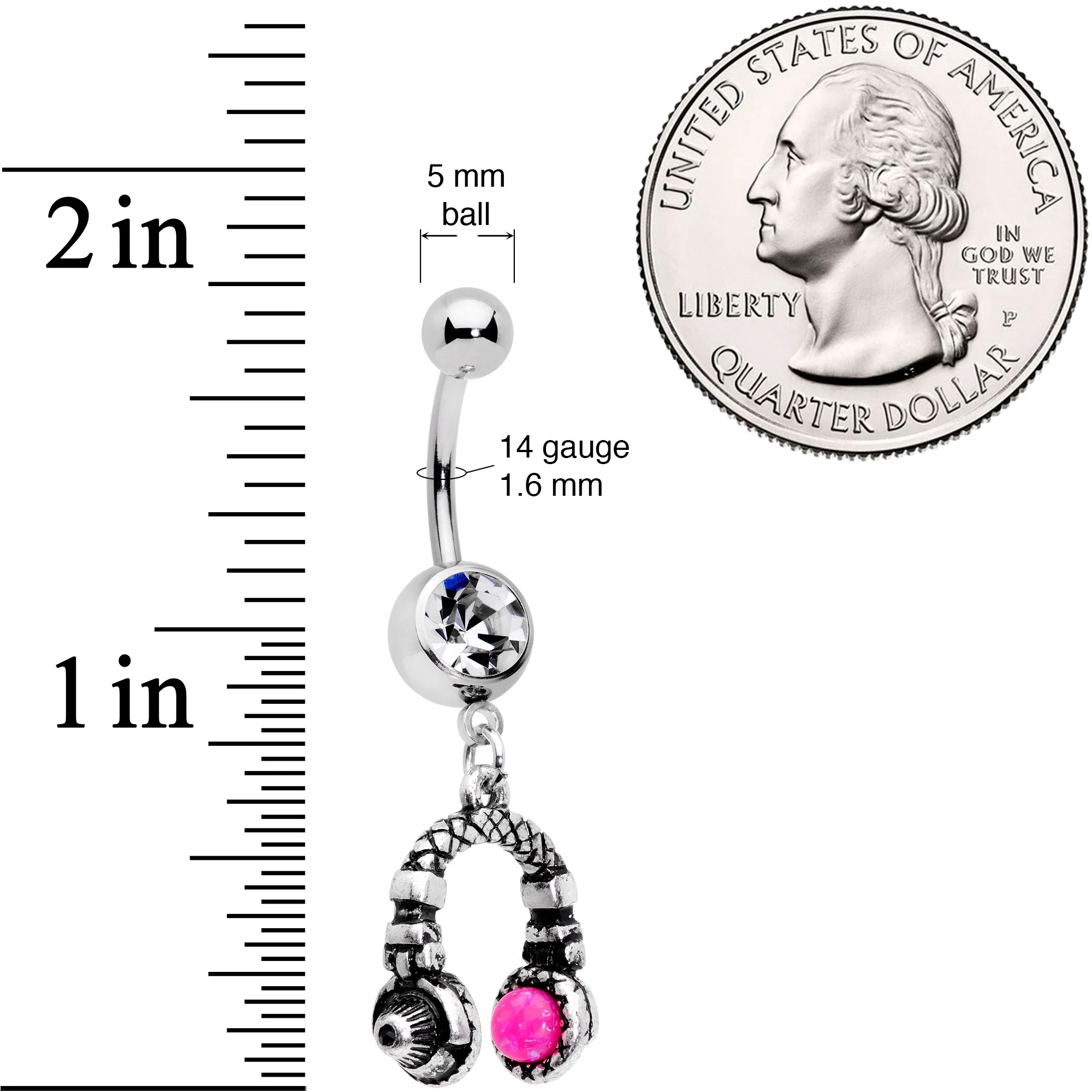 Clear Gem Pink Orb Music Headphones Dangle Belly Ring - Image 3