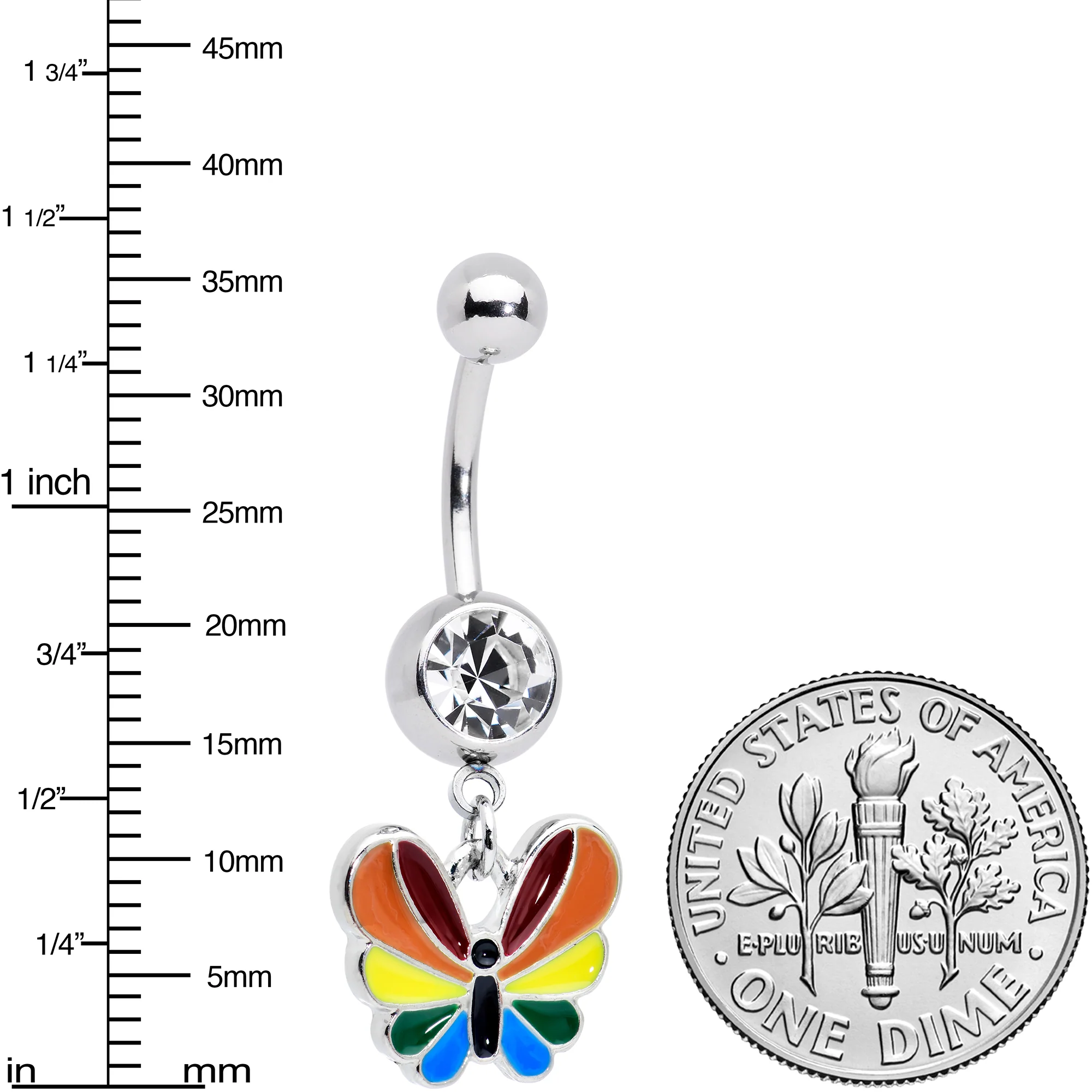 Clear Gem Pride Rainbow Stripes Butterfly Dangle Belly Ring - Image 2
