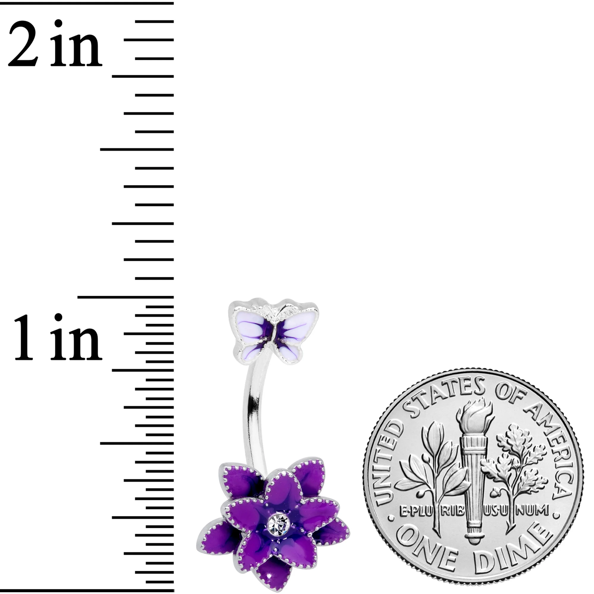 Clear Gem Purple Flower Butterfly Double Mount Belly Ring - Image 2