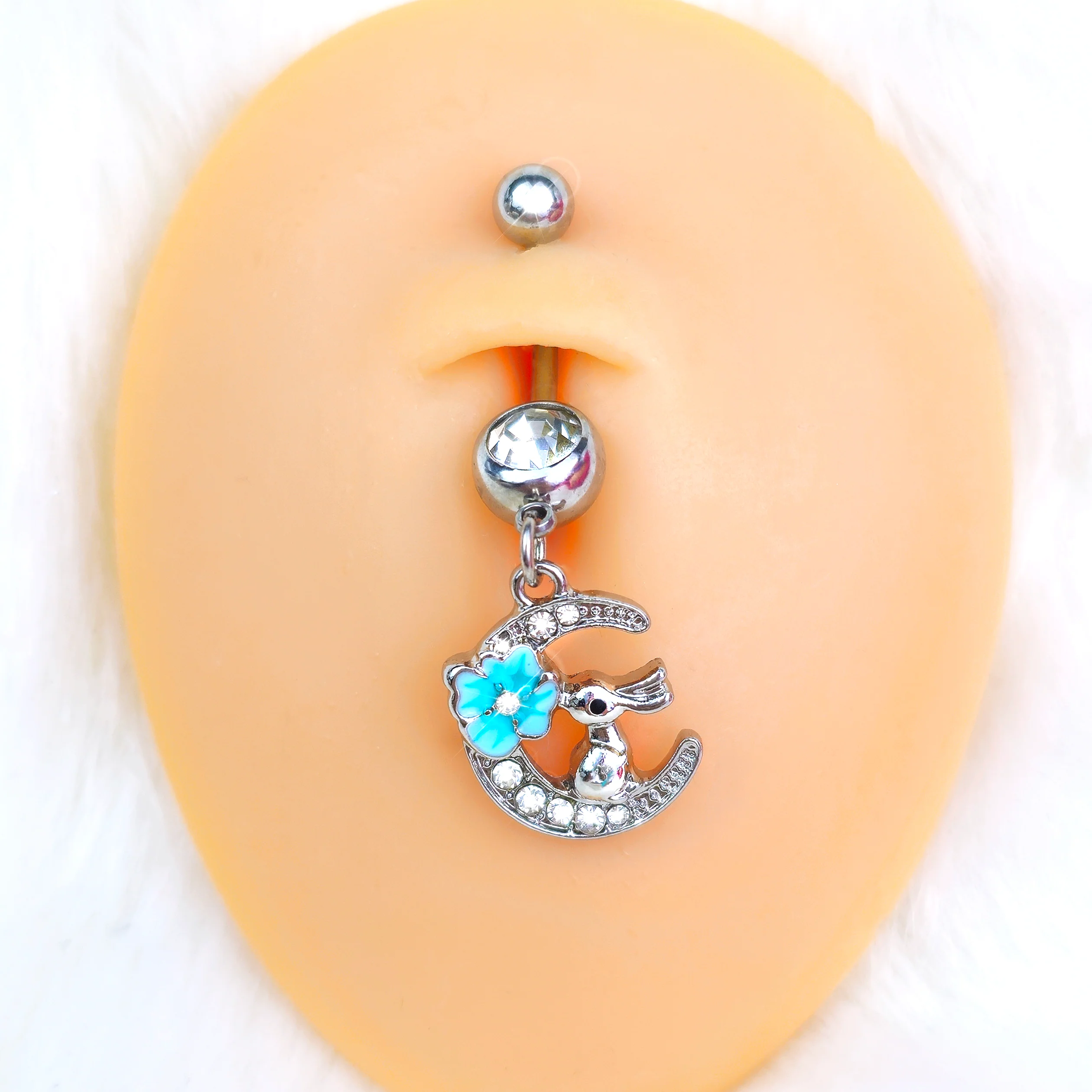 Clear Gem Rabbit On The Moon Blue Dangle Belly Ring - Image 2