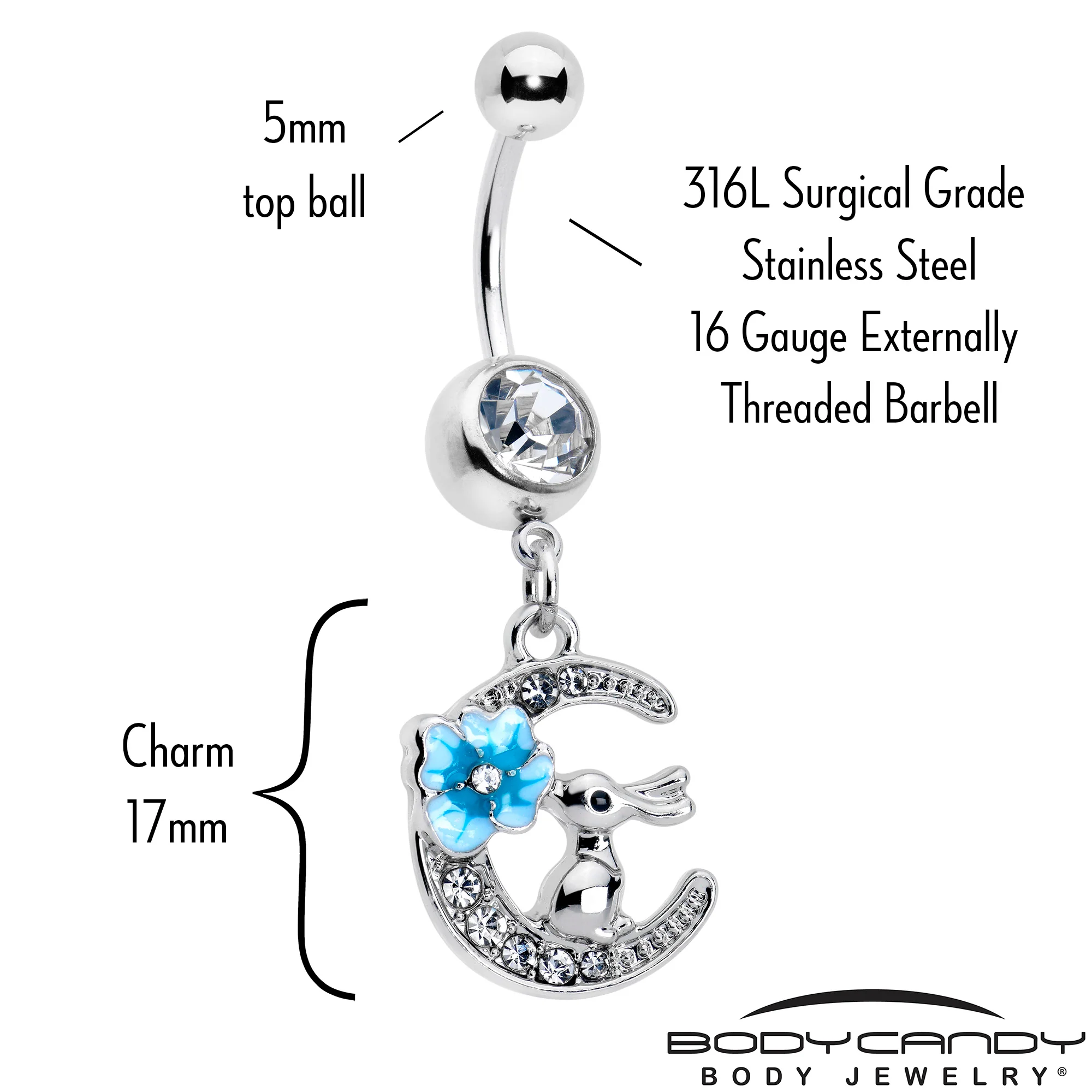 Clear Gem Rabbit On The Moon Blue Dangle Belly Ring - Image 3