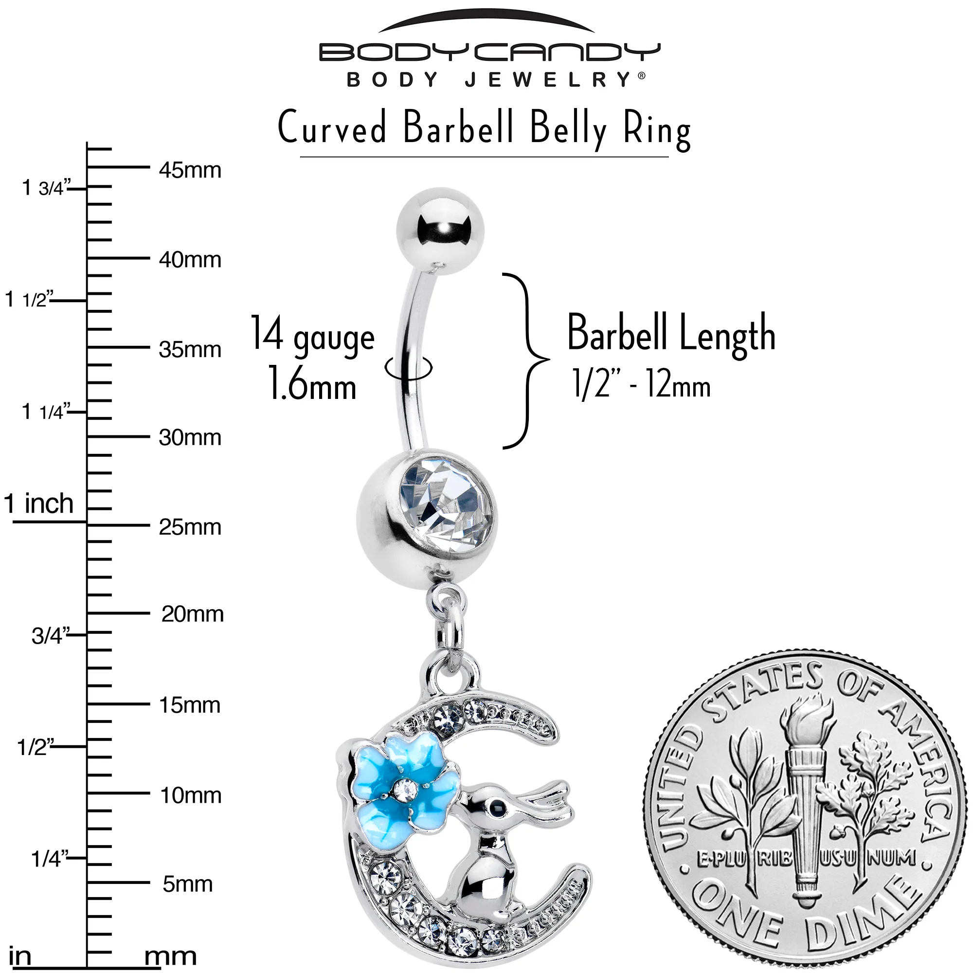 Clear Gem Rabbit On The Moon Blue Dangle Belly Ring - Image 4