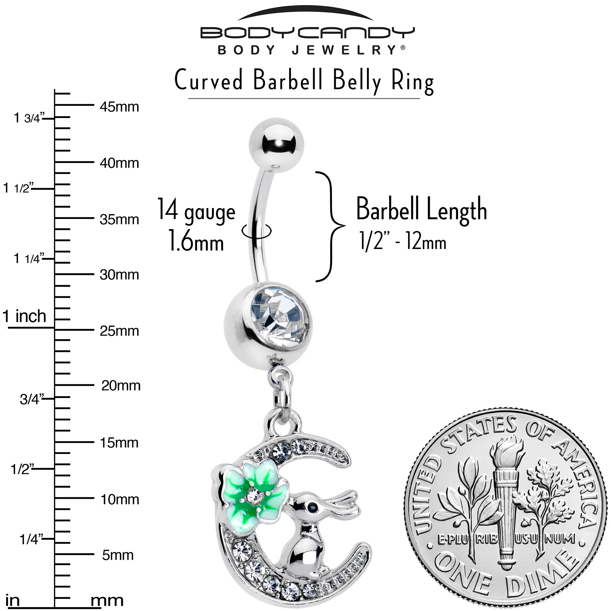 Clear Gem Rabbit On The Moon Green Dangle Belly Ring - Image 3