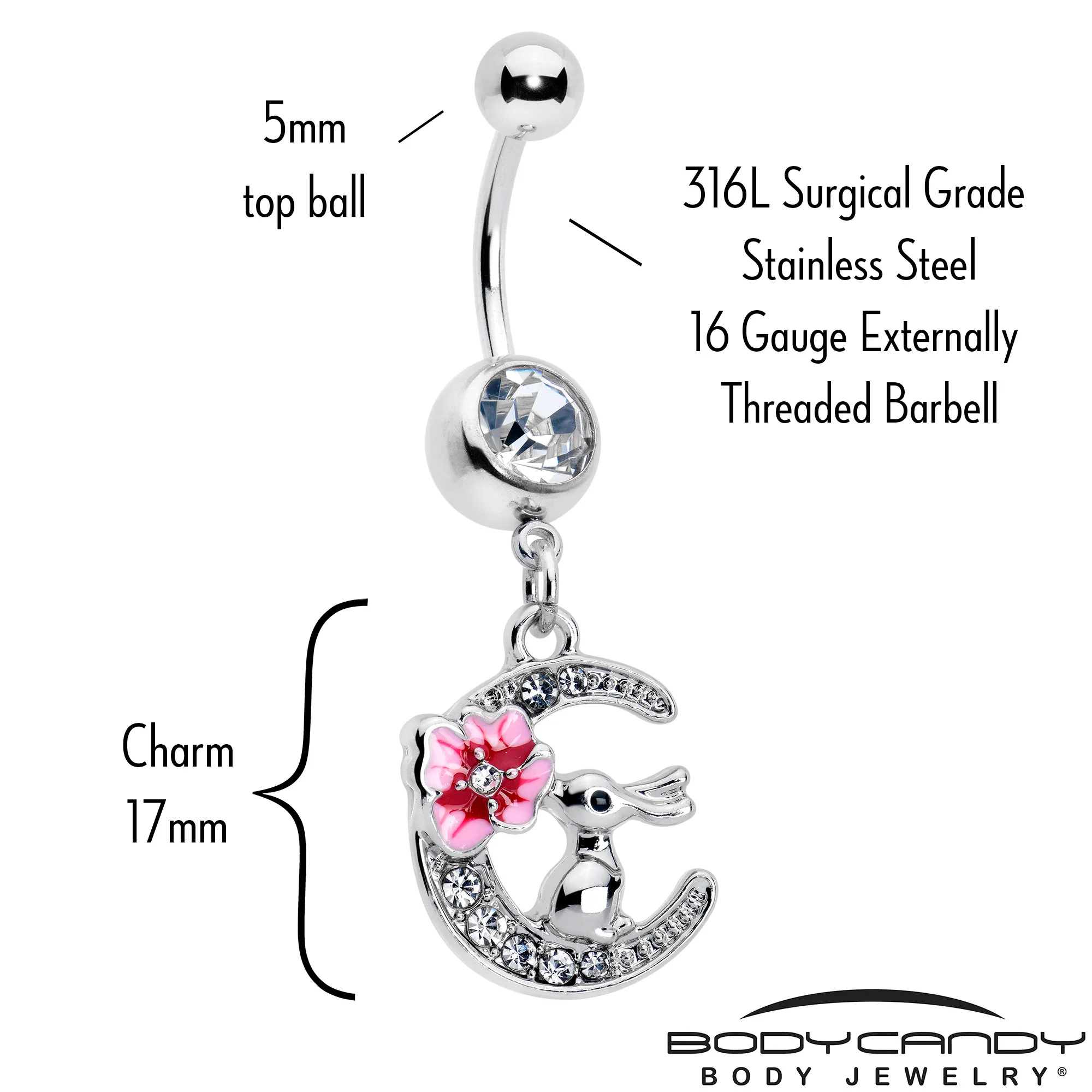 Clear Gem Rabbit On The Moon Pink Dangle Belly Ring - Image 2