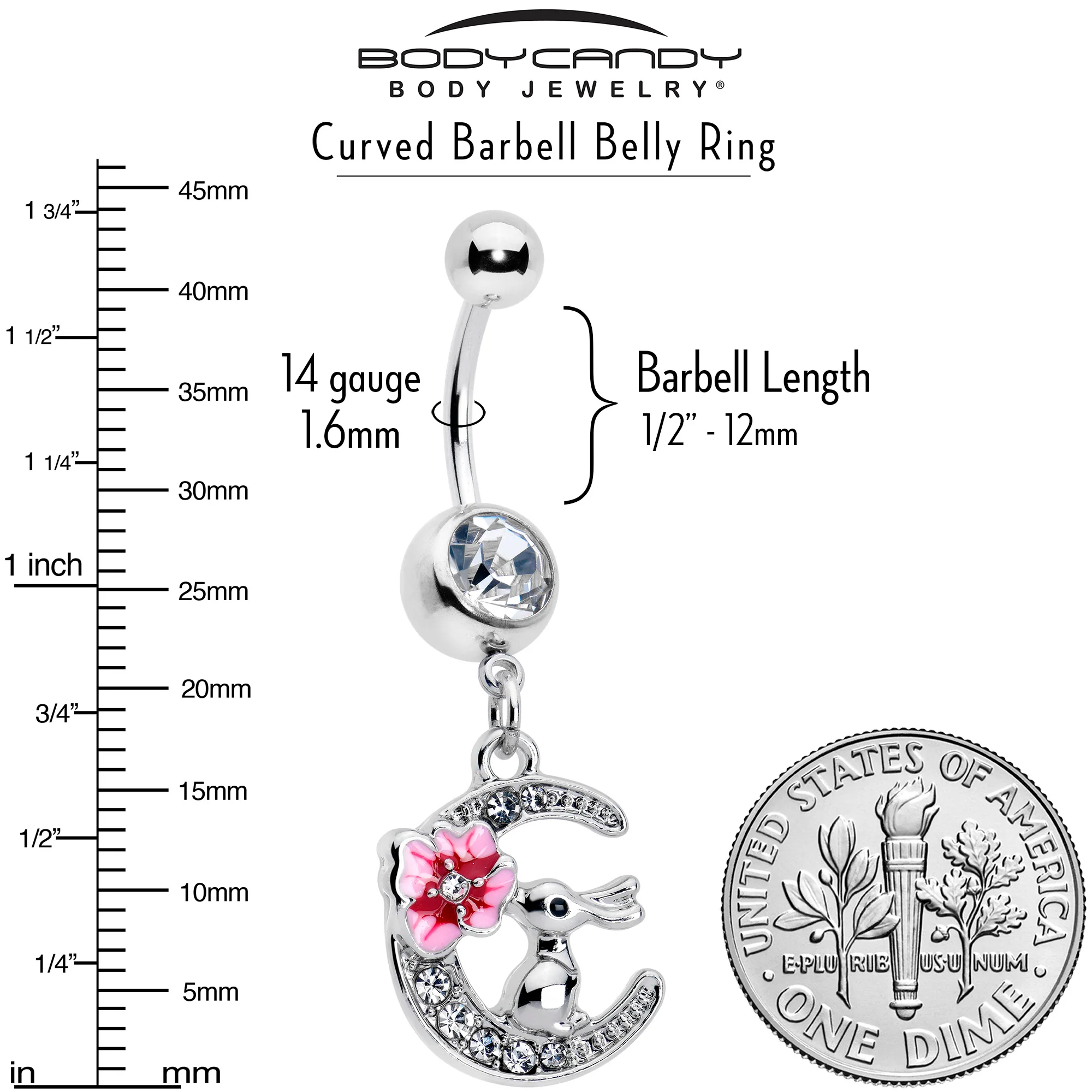 Clear Gem Rabbit On The Moon Pink Dangle Belly Ring - Image 3