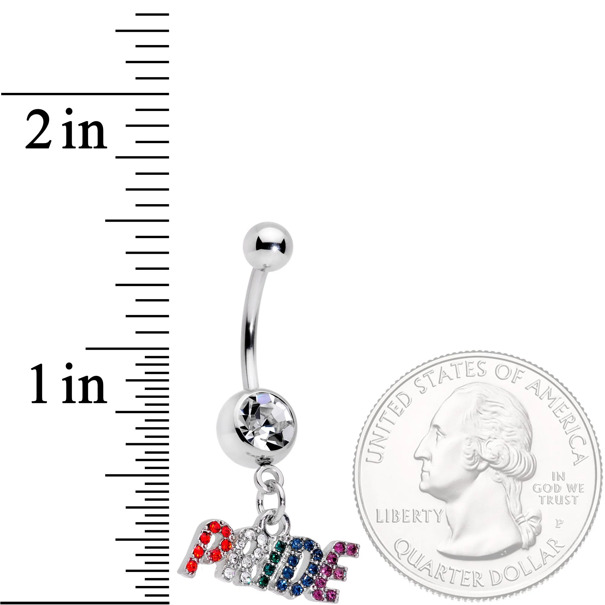 Clear Gem Rainbow Gem Text Gay Pride Dangle Belly Ring - Image 2