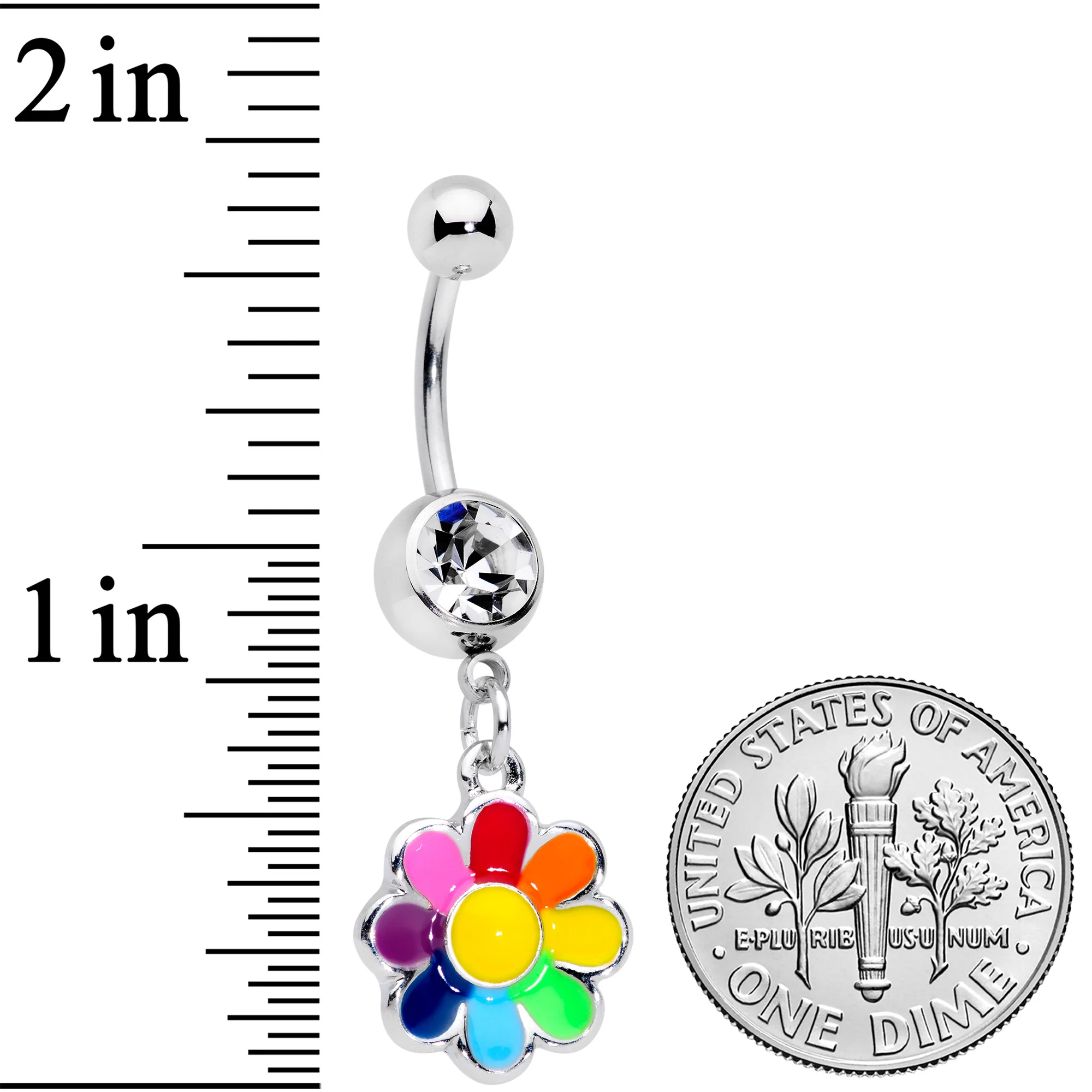 Clear Gem Rainbow Hippie Flower Dangle Belly Ring - Image 3