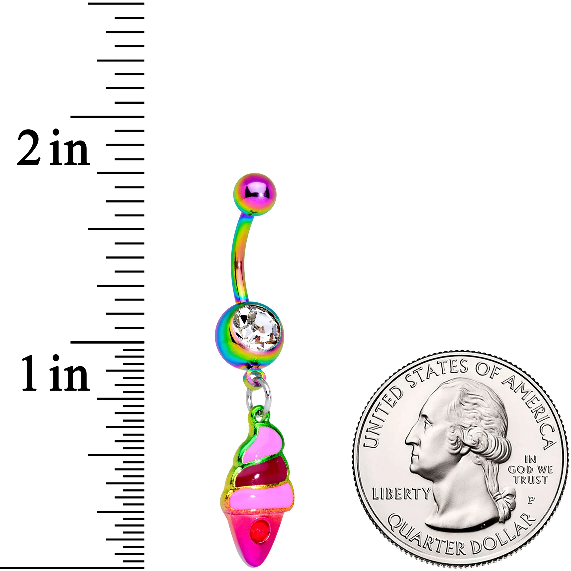 Clear Gem Rainbow Ice Cream Cone Dangle Belly Ring - Image 2