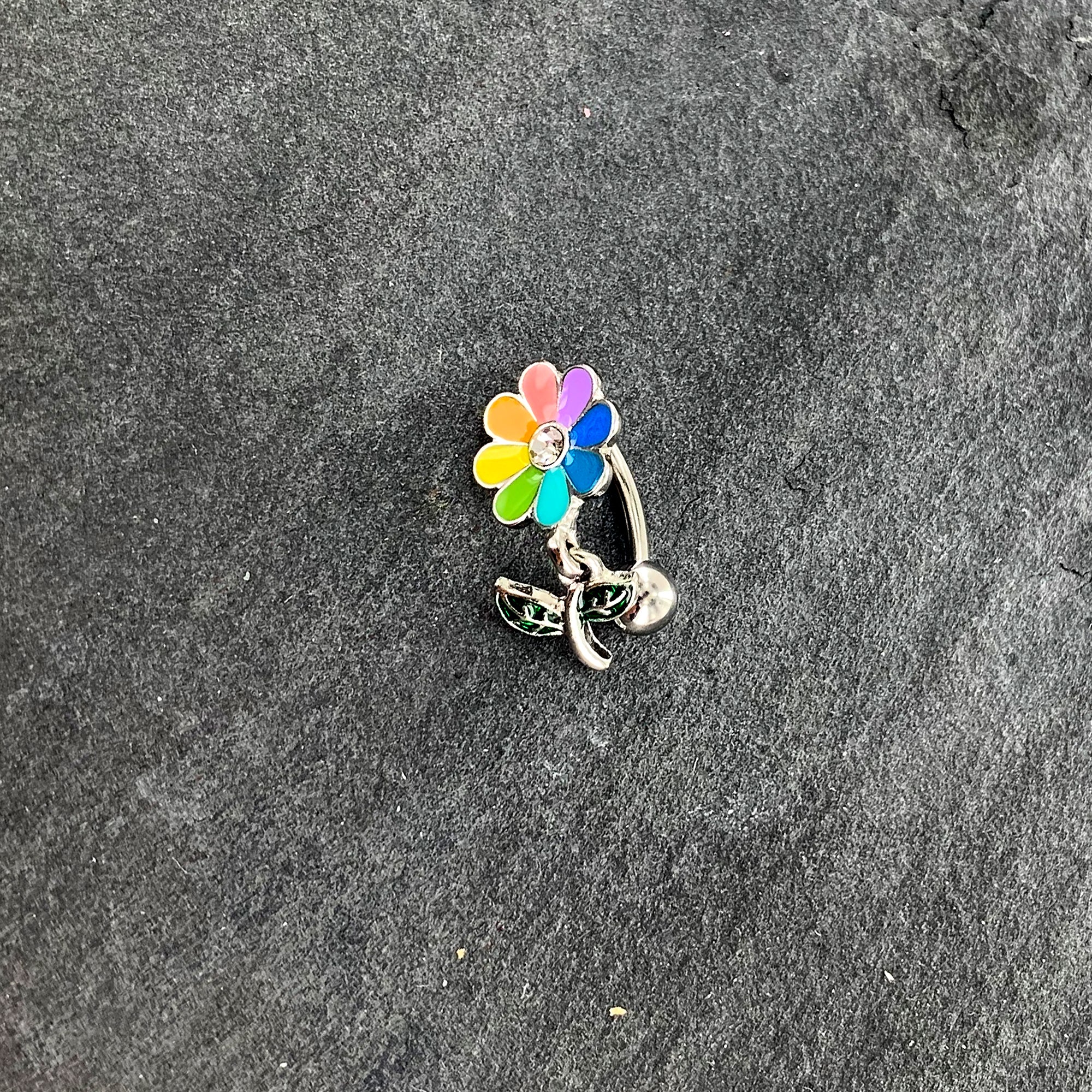 Clear Gem Rainbow Pride Flower Top Mount Dangle Belly Ring - Image 2