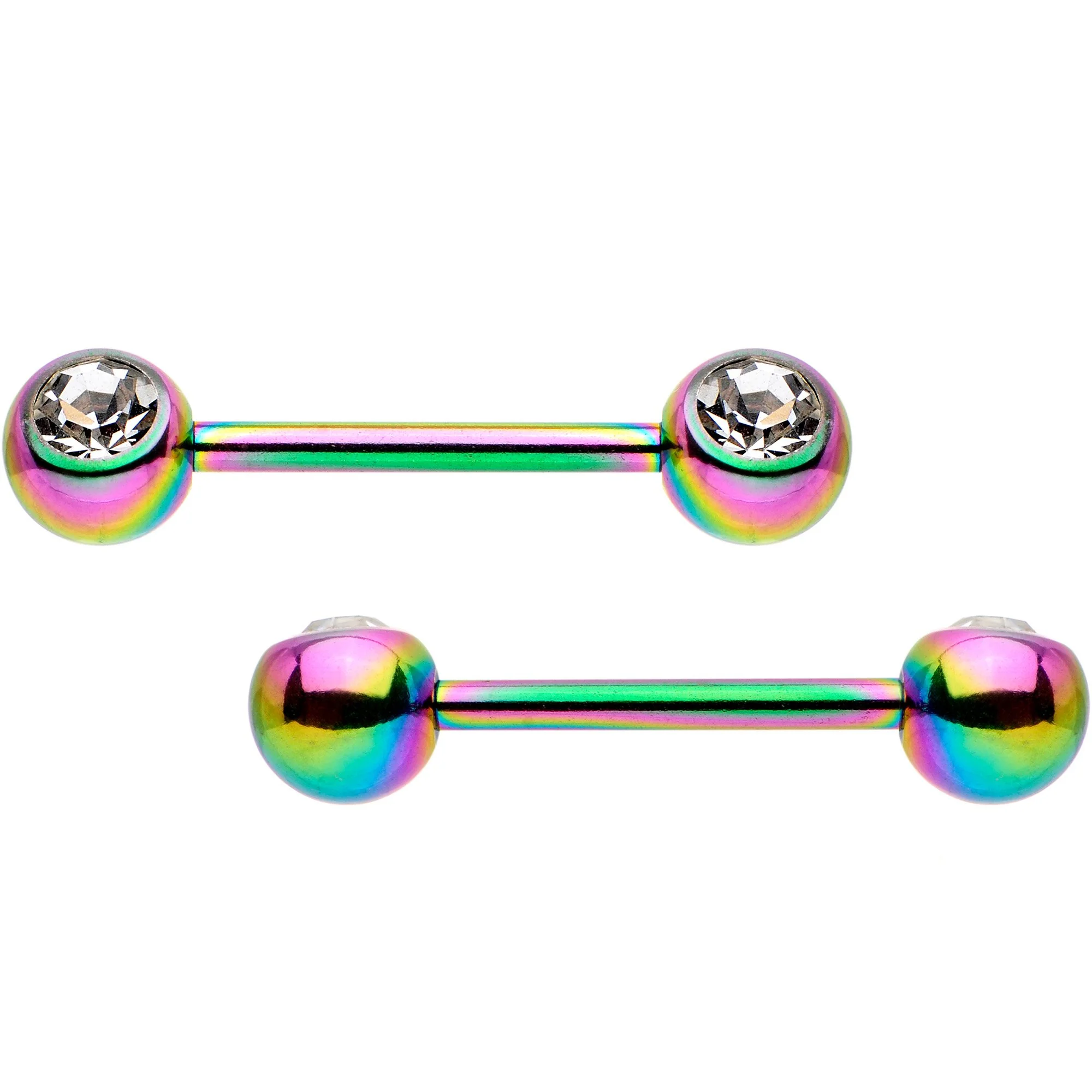 Clear Gem Rainbow PVD Stainless Steel Barbell Nipple Ring Set of 4 - Image 2