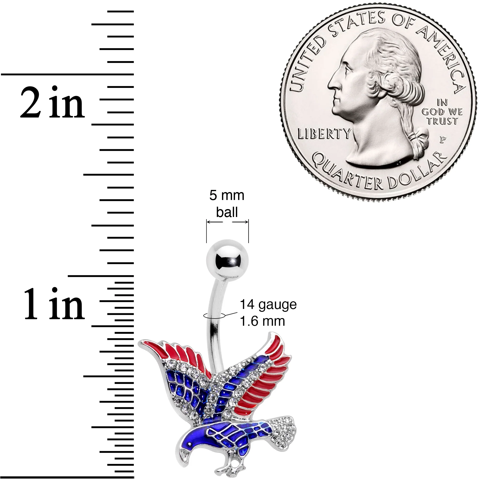 Clear Gem Red Blue Patriotic USA Eagle Belly Ring - Image 2