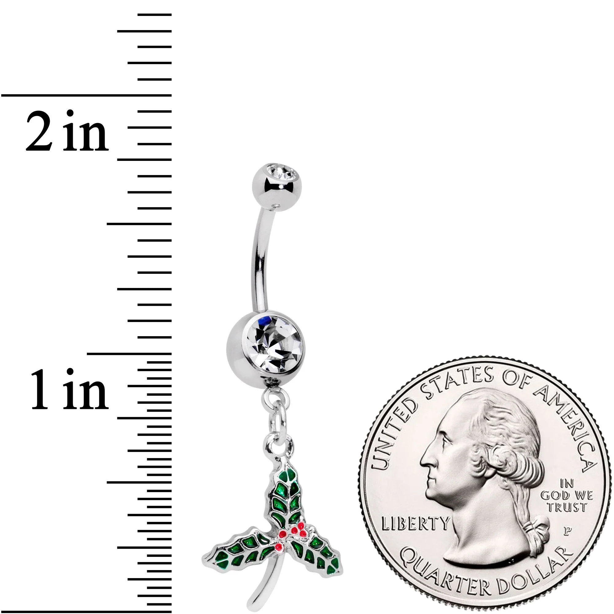 Clear Gem Red Green Kiss Me Under The Mistletoe Dangle Belly Ring - Image 2