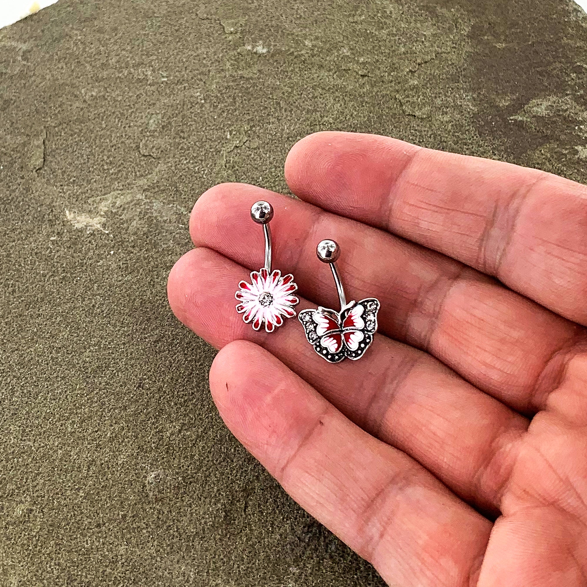 Clear Gem Red Light Pink Butterfly Flower Belly Ring Set of 2 - Image 4